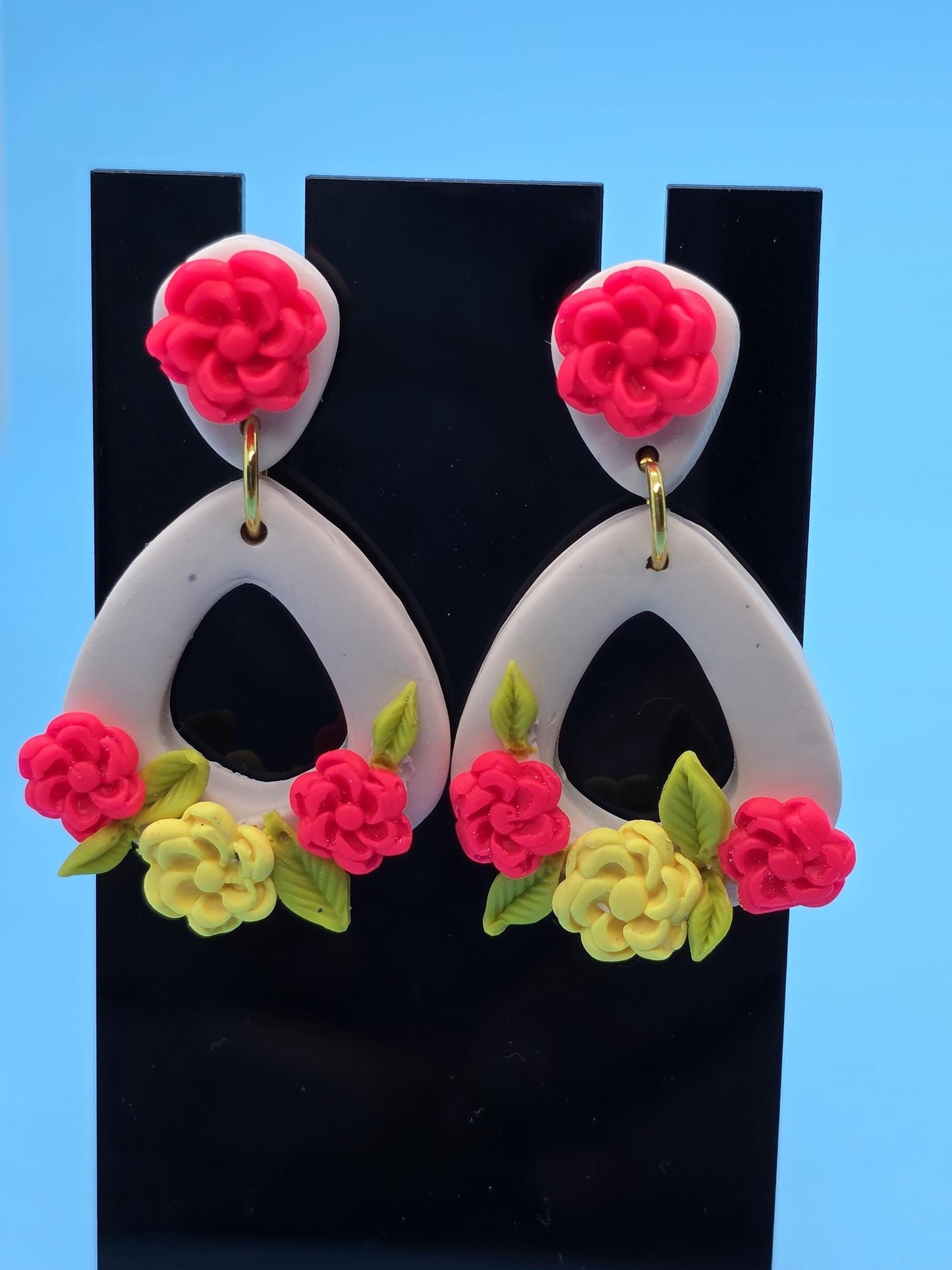 Bold Floral Arch Polymer Clay Earrings – Pink & Yellow Handmade Dangle Statement Jewelry