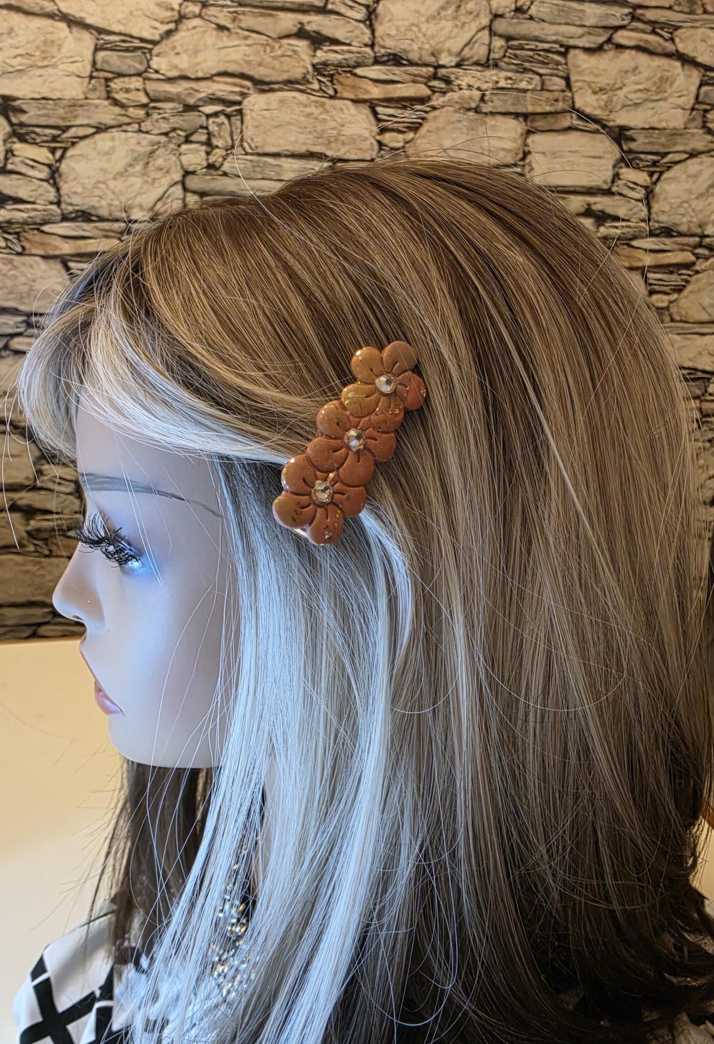 Fraternal Twinning Clip 2 – Brown Floral Hair Clip with Champagne Rhinestones