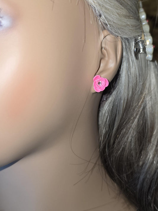 Pink Flower Clay Stud Earrings – Small Handmade 3-Petal Floral with Rhinestone Center • Polymer Clay Jewelry •  Post and back are silicone.