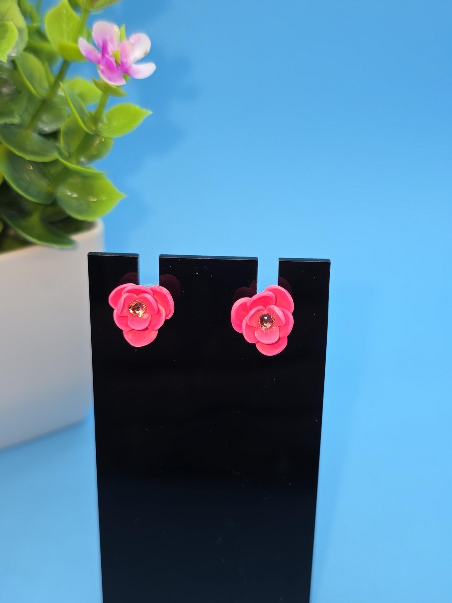 Pink Flower Clay Stud Earrings – Small Handmade 3-Petal Floral with Rhinestone Center • Polymer Clay Jewelry •  Post and back are silicone.