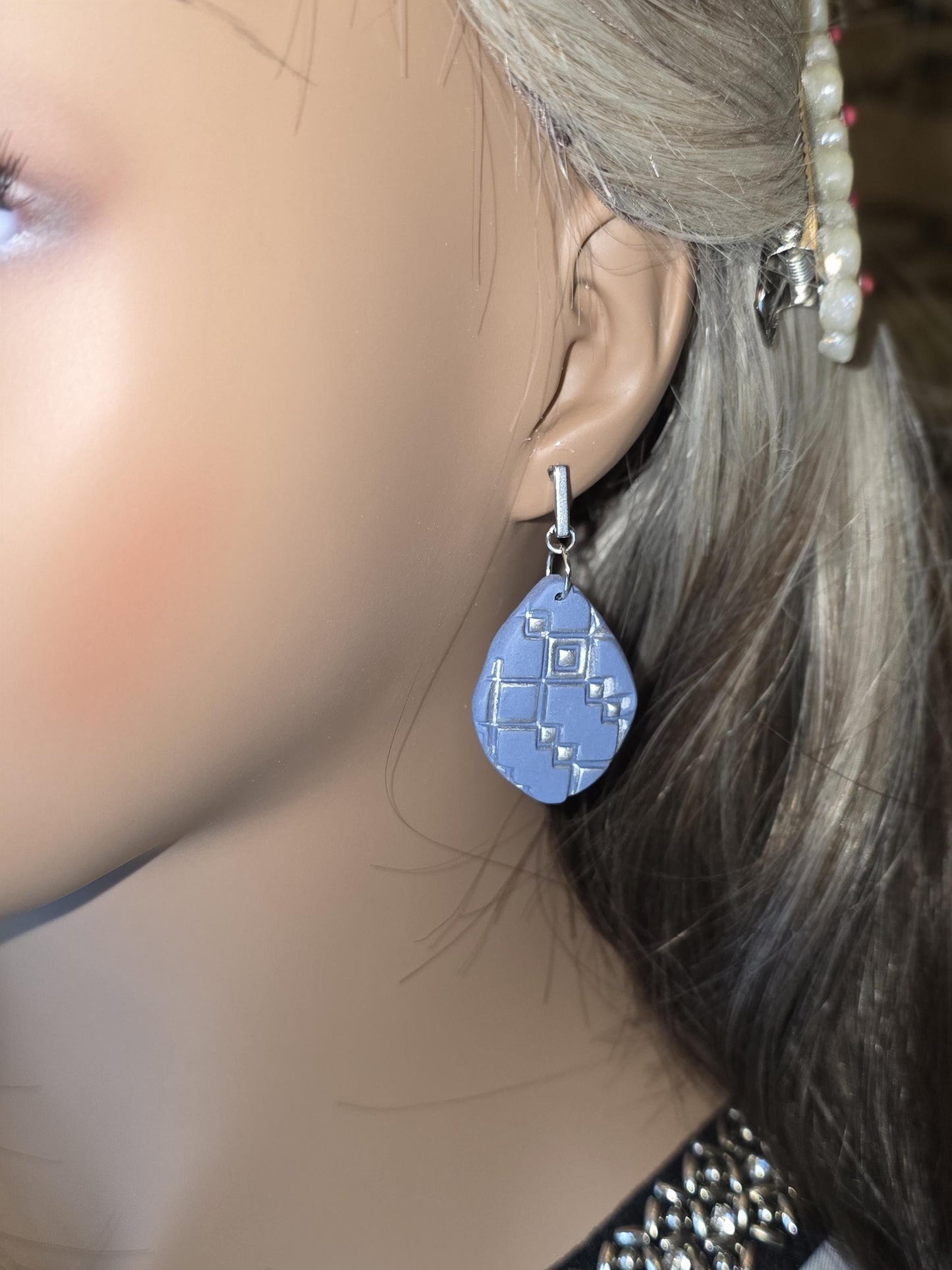 Geometric Clay Earrings – Silver-Slate blue Teardrop Polymer Earrings • Embossed Pattern • Lightweight Modern Jewelry