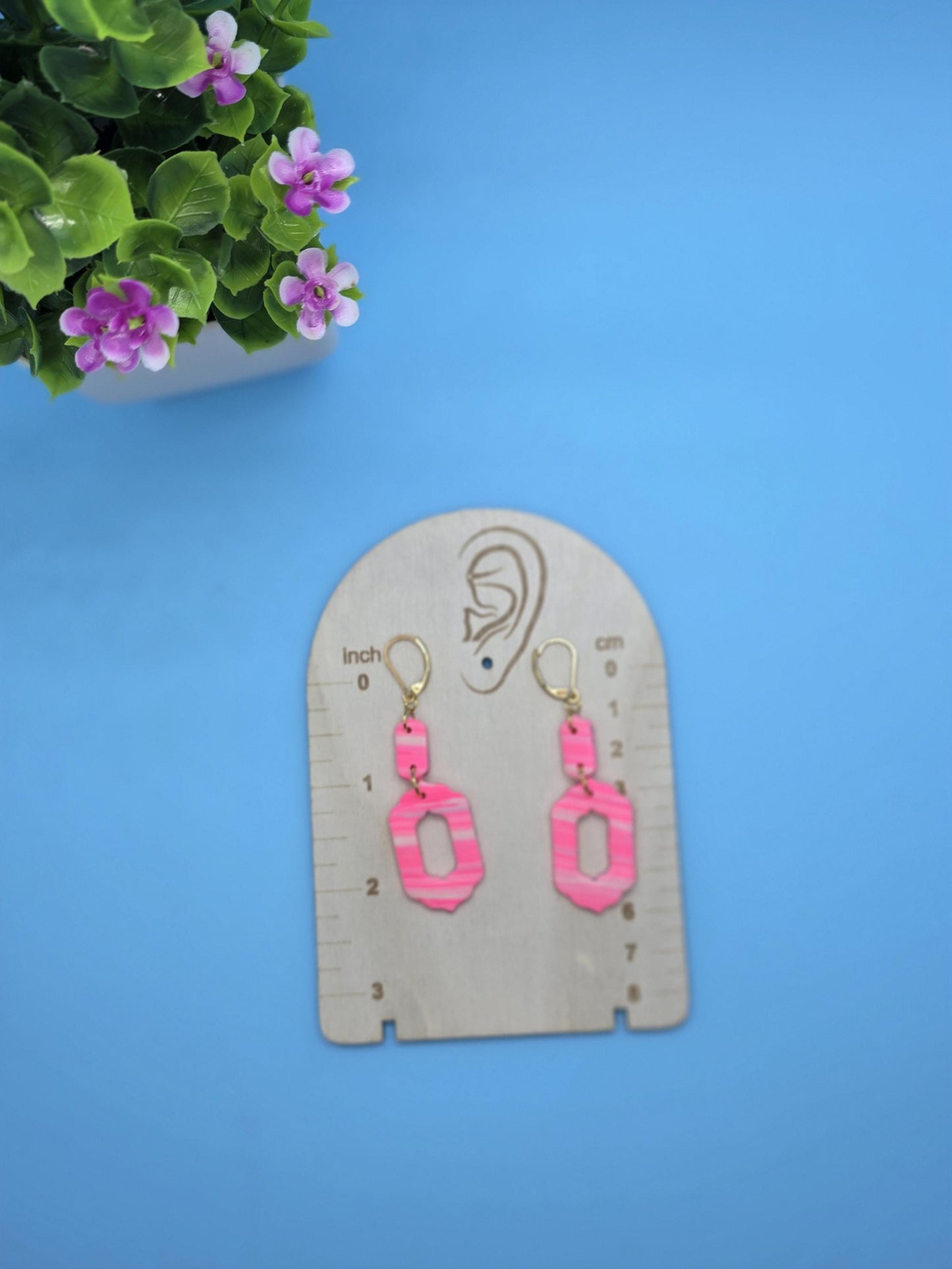 Pink & White Double Drop Earrings – Lightweight Polymer Clay Dangles on Gold Lever-Back
