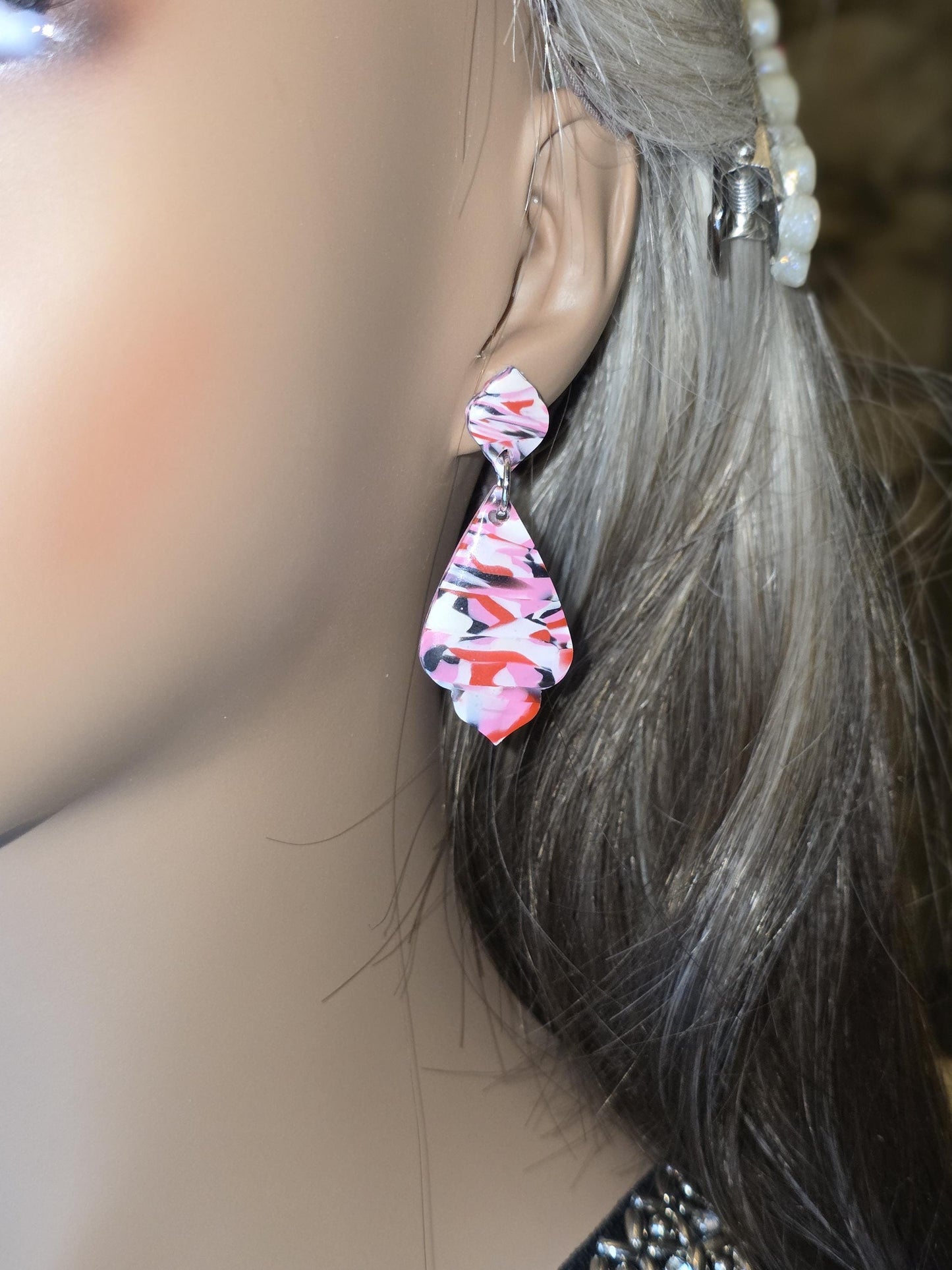 Tropical Swirl Clay Earrings – Resin-Coated Pink & Black Double-Drop Posts • Handmade Statement Dangles