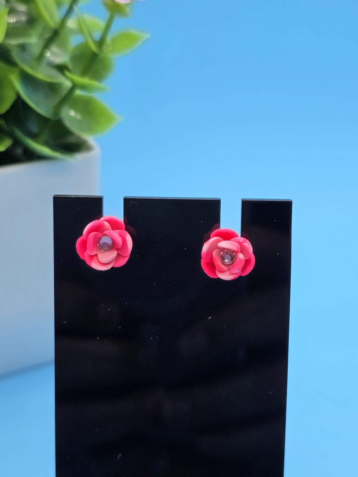 Pink Flower Clay Stud Earrings – Small Handmade 3-Petal Floral with Rhinestone Center • Polymer Clay Jewelry • Gift for Her