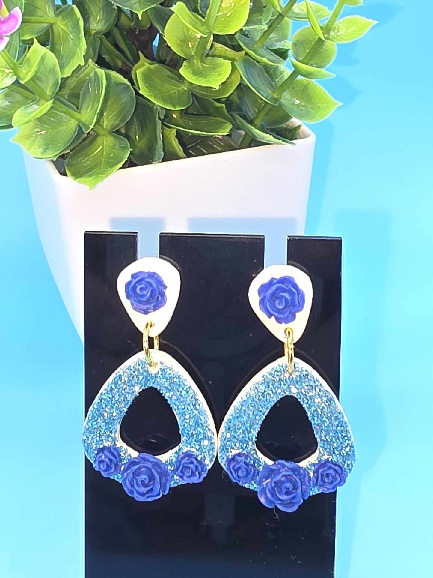 Blue Glitter Floral Drop Earrings – White Clay Base with Royal Rose Accents • Handmade Lightweight Dangles • No Resin