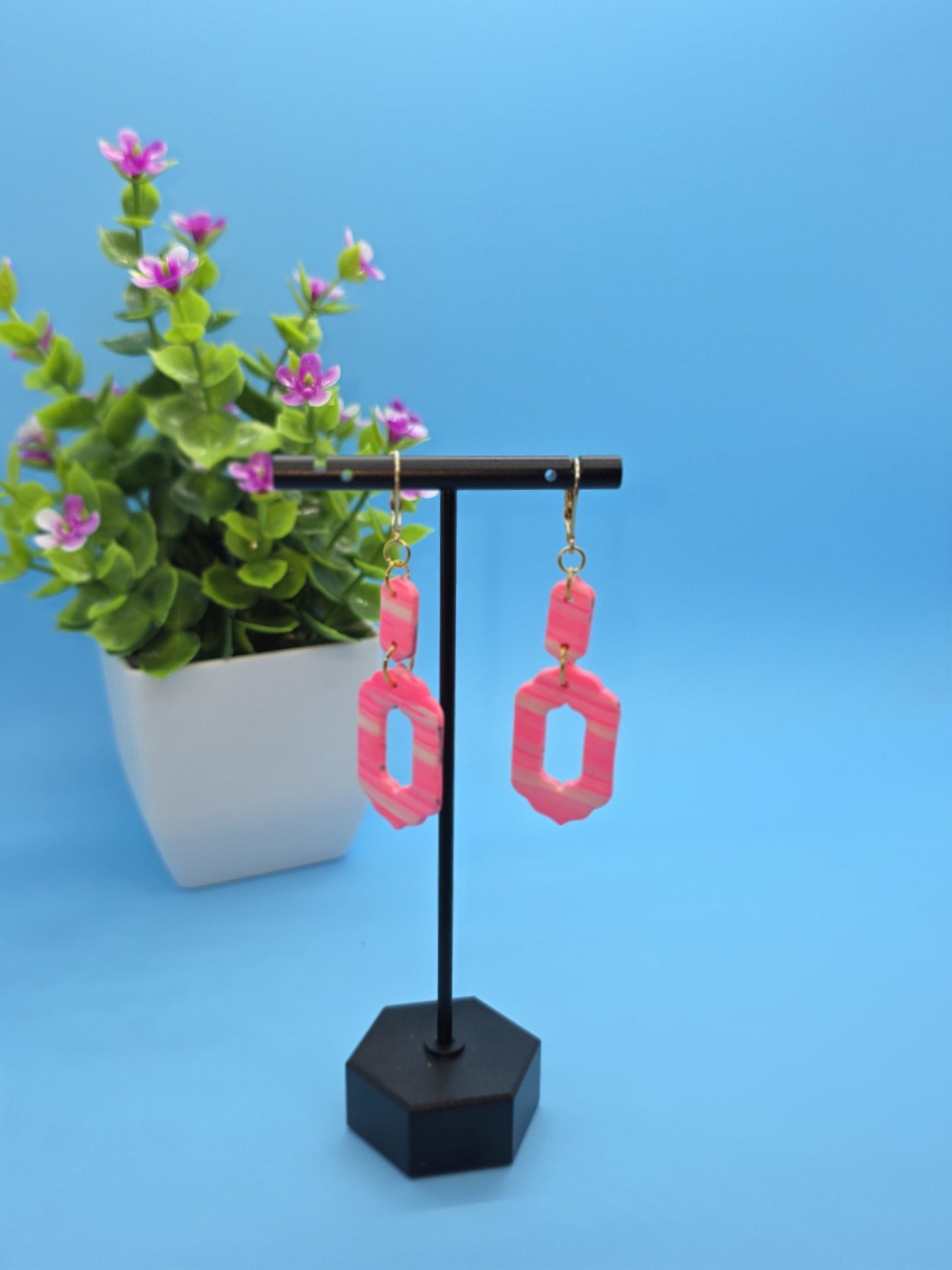Pink & White Double Drop Earrings – Lightweight Polymer Clay Dangles on Gold Lever-Back