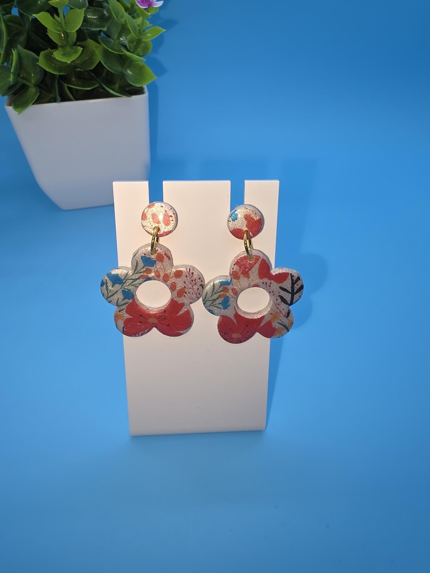 Floral Power Dangle Earrings – Water Transfer Clay Flowers with Resin Finish • Lightweight Handmade Earrings