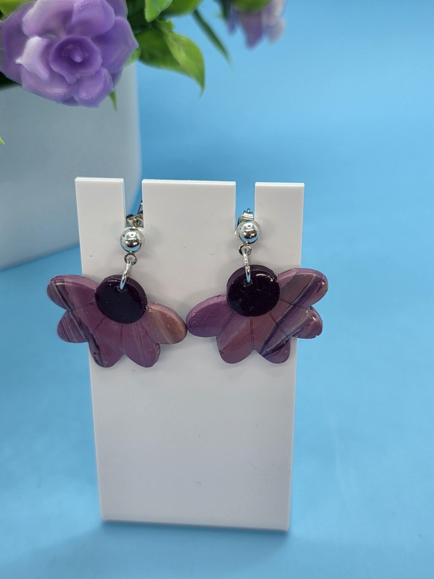 Purple Petal Drop Earrings | Handmade Polymer Clay Floral Dangles | Lightweight Statement Jewelry