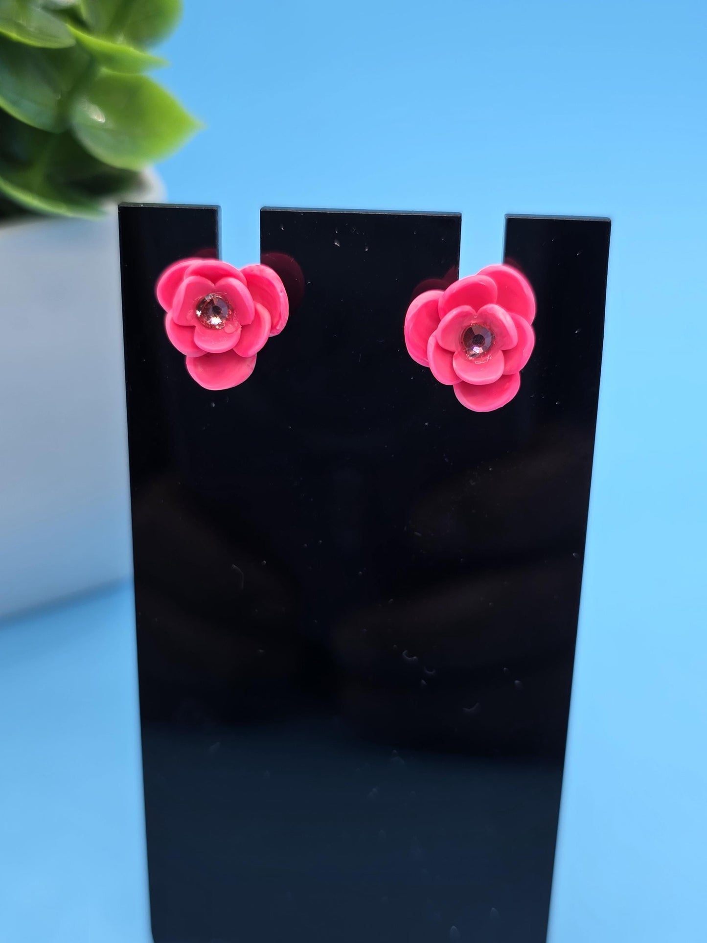 Pink Flower Clay Stud Earrings – Small Handmade 3-Petal Floral with Rhinestone Center • Polymer Clay Jewelry •  Post and back are silicone.
