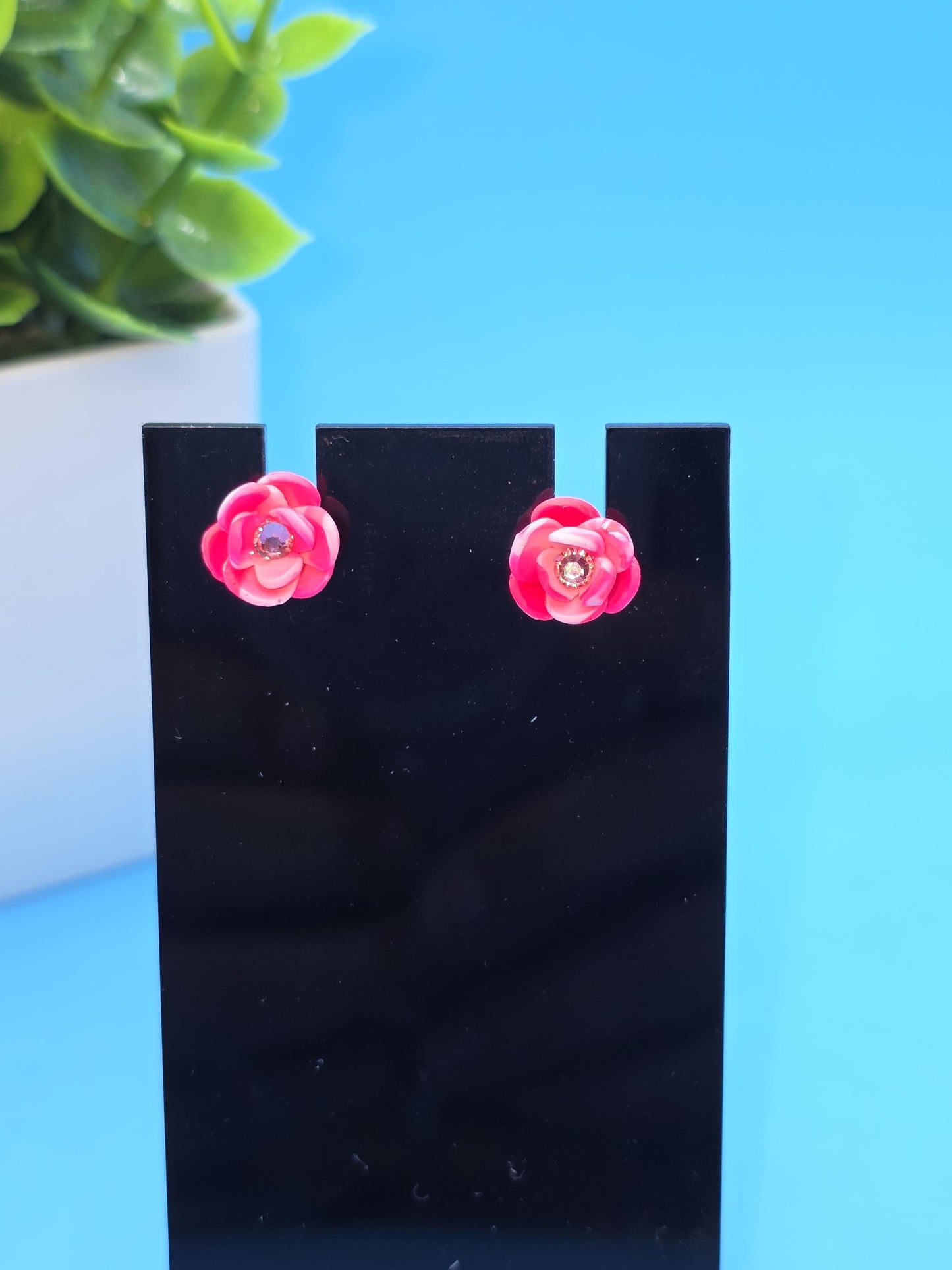 Pink Flower Clay Stud Earrings – Small Handmade 3-Petal Floral with Rhinestone Center • Polymer Clay Jewelry • Gift for Her