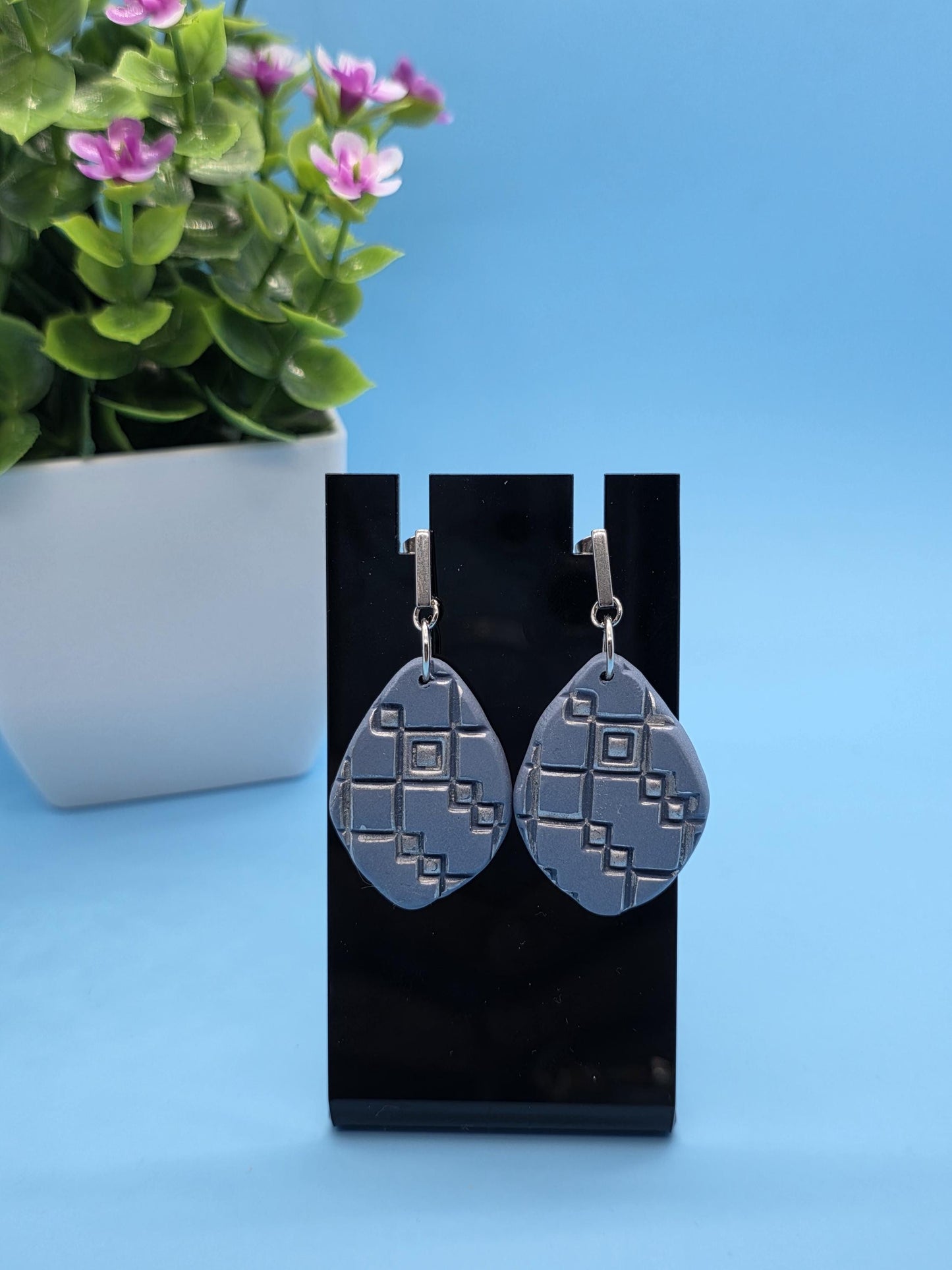 Geometric Clay Earrings – Silver-Slate blue Teardrop Polymer Earrings • Embossed Pattern • Lightweight Modern Jewelry