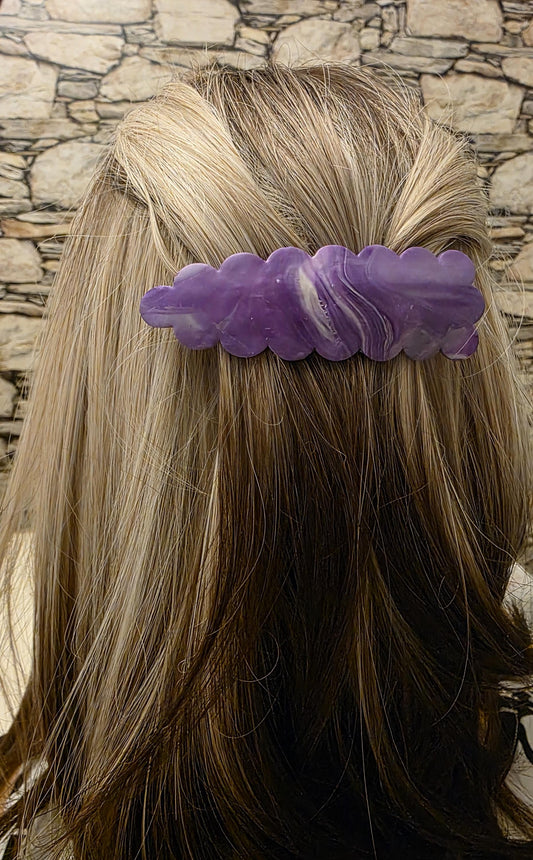 Purple Marble Scallop Barrette | Handmade Polymer Clay French Hair Clip | Soft Violet Waves
