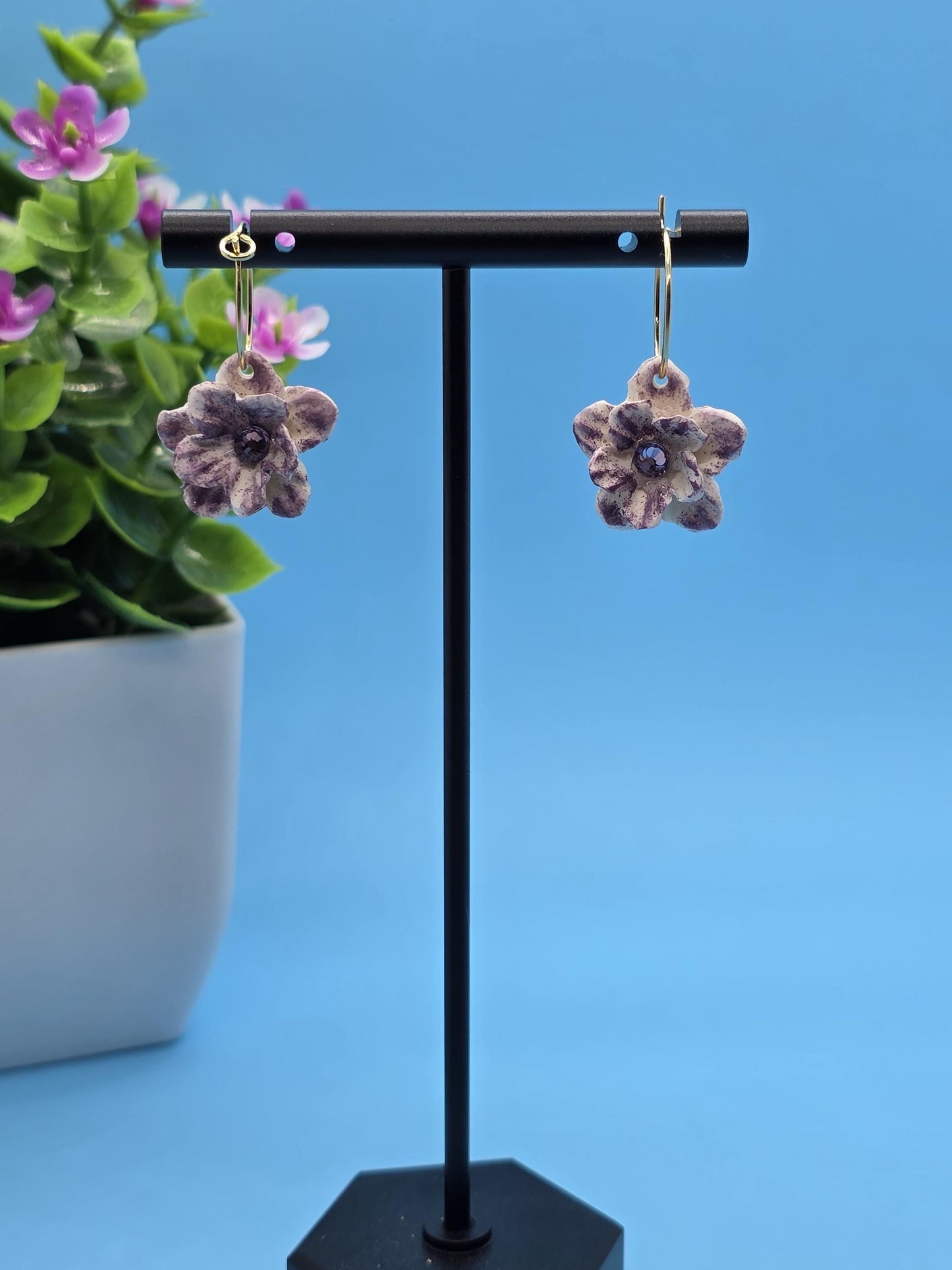 Petite Purple Blossom Hoops – Floral Polymer Clay Earrings with Lavender Rhinestones • Lightweight Handmade Hoops