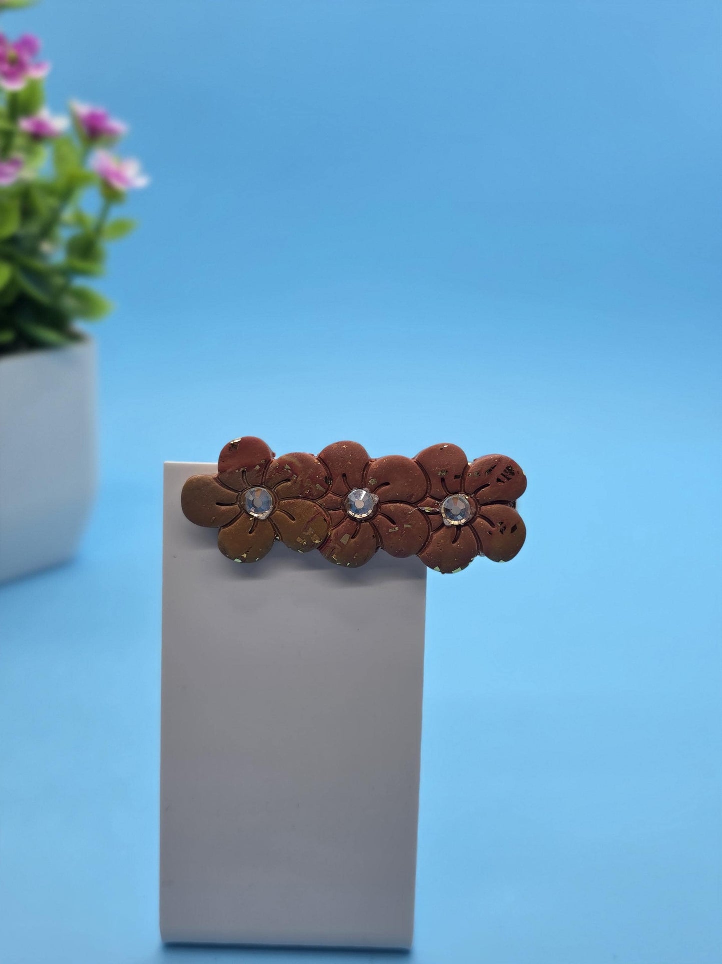 Fraternal Twinning Clip 2 – Brown Floral Hair Clip with Champagne Rhinestones
