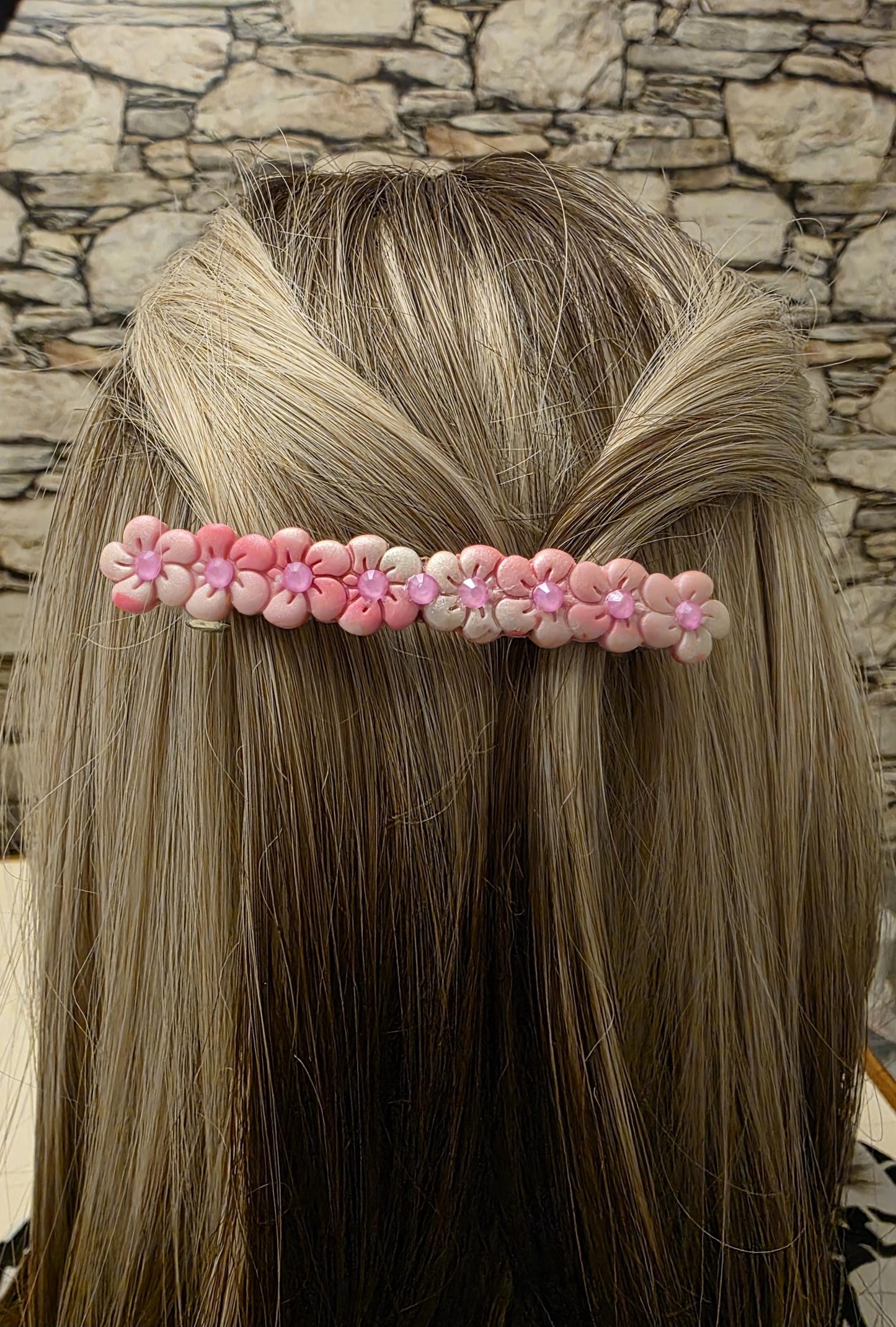Pink Flower French Barrette – Molded Polymer Clay Clip with Rhinestones | Pink Hair Accessory | No Resin | Spring Style
