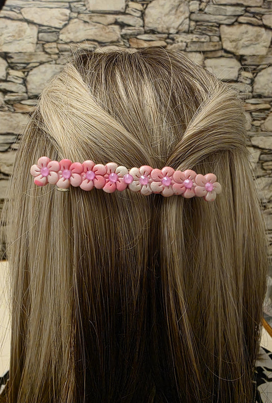 Pink Flower French Barrette – Molded Polymer Clay Clip with Rhinestones | Pink Hair Accessory | No Resin | Spring Style