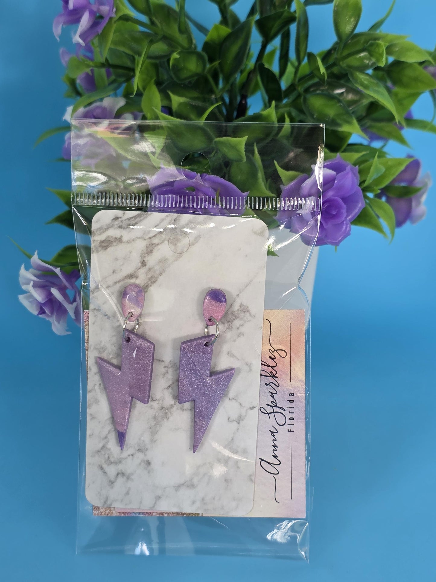 Purple Lightning Bolt Dangles – Soft Marble |Spark Collection |Resin-Coated