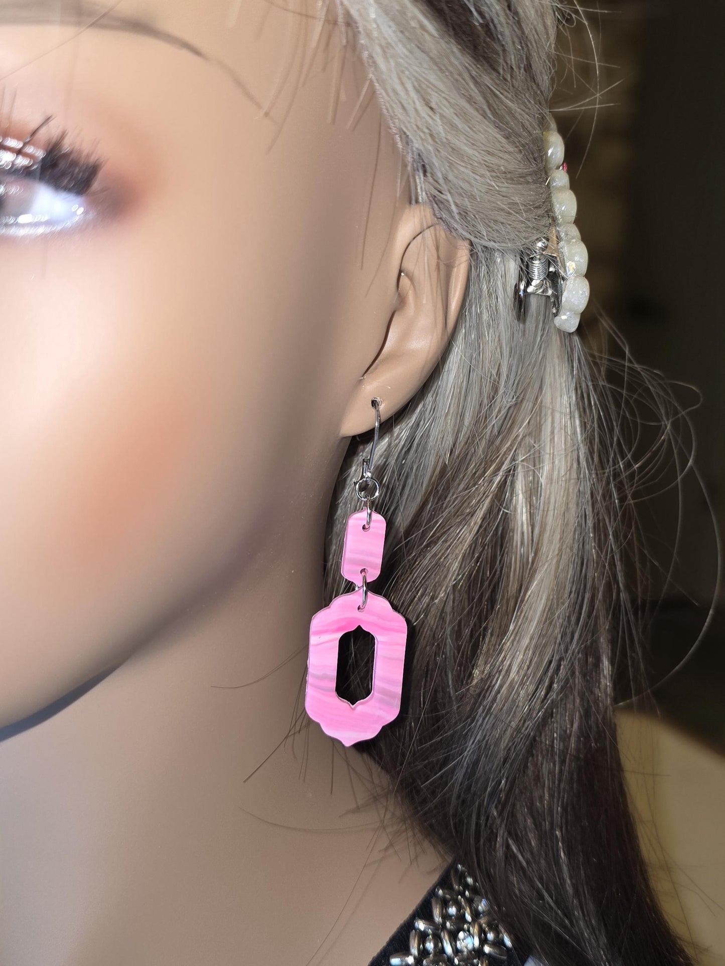Blush Marble Geo Drops – Pink & Grey Polymer Clay Earrings • Lightweight Resin-Coated Dangles