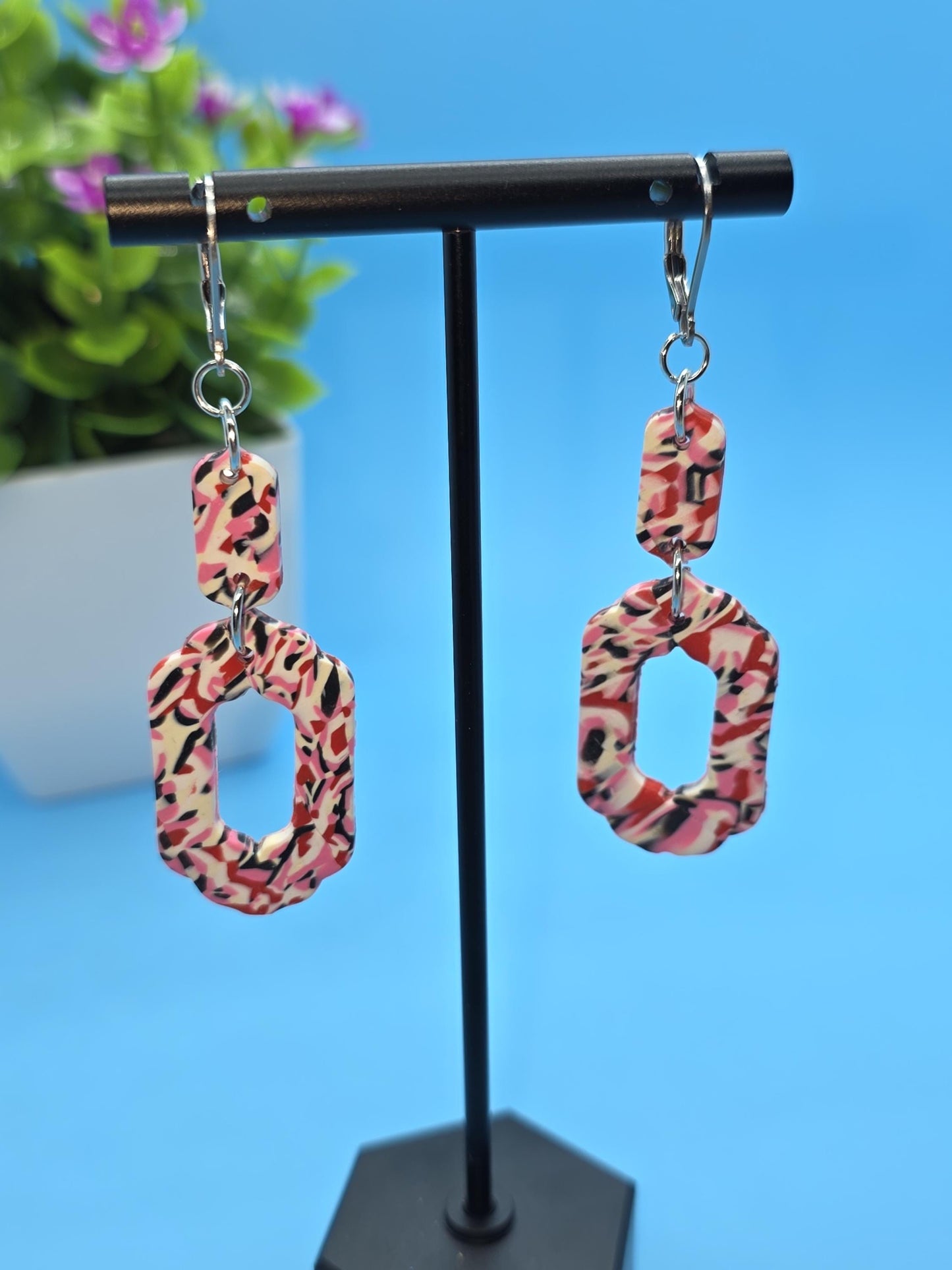 Bold Confetti Clay Dangles – Pink, White & Black Abstract Polymer Earrings • Lightweight Handmade Statement Dangles