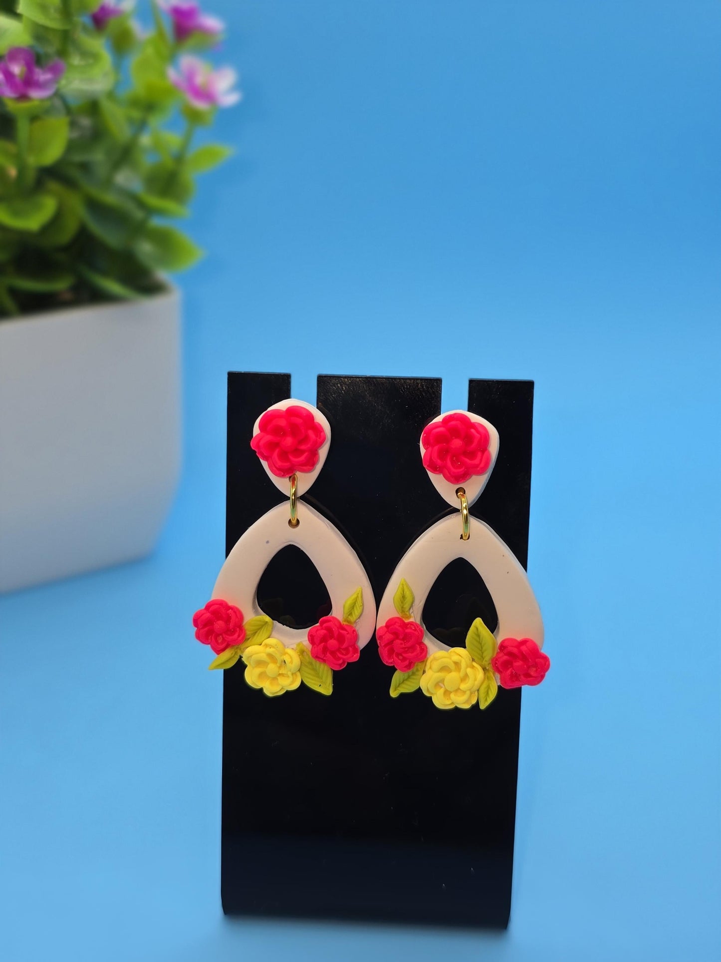 Bold Floral Arch Polymer Clay Earrings – Pink & Yellow Handmade Dangle Statement Jewelry
