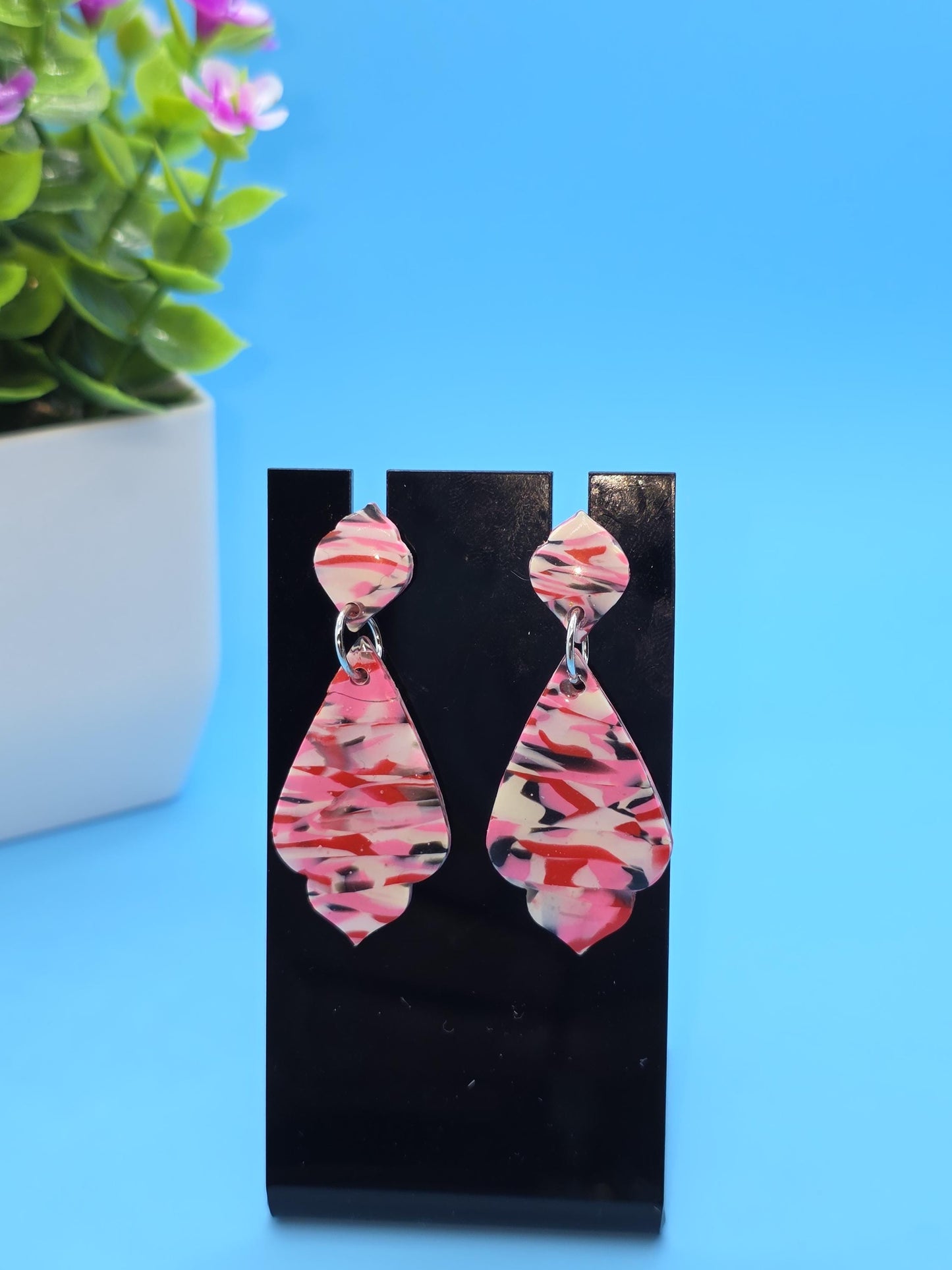 Tropical Swirl Clay Earrings – Resin-Coated Pink & Black Double-Drop Posts • Handmade Statement Dangles
