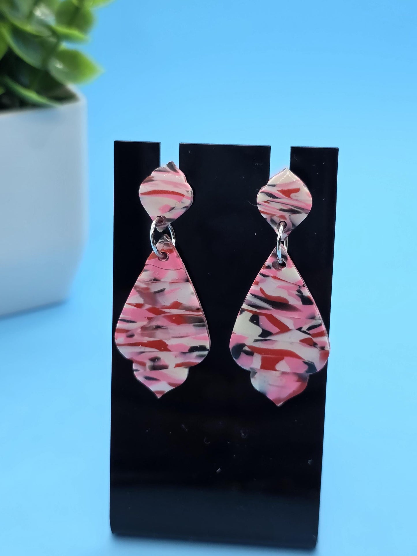 Tropical Swirl Clay Earrings – Resin-Coated Pink & Black Double-Drop Posts • Handmade Statement Dangles
