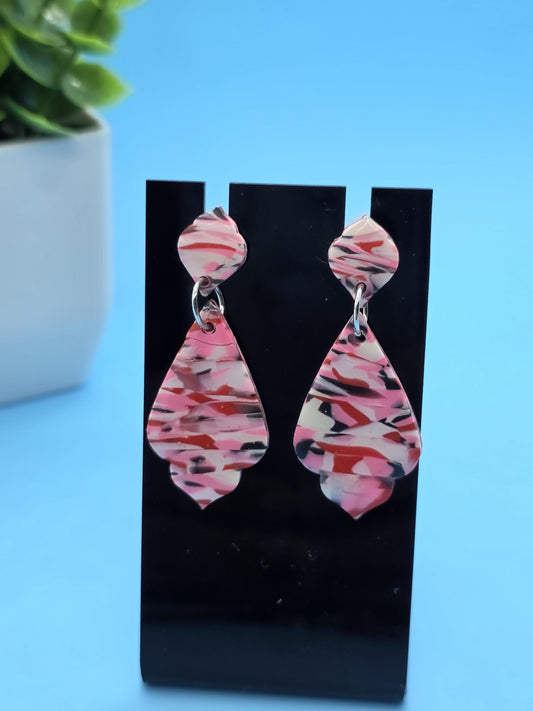 Tropical Swirl Clay Earrings – Resin-Coated Pink & Black Double-Drop Posts • Handmade Statement Dangles