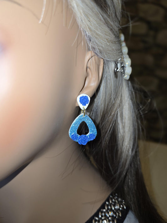 Blue Glitter Floral Drop Earrings – White Clay Base with Royal Rose Accents • Handmade Lightweight Dangles • No Resin