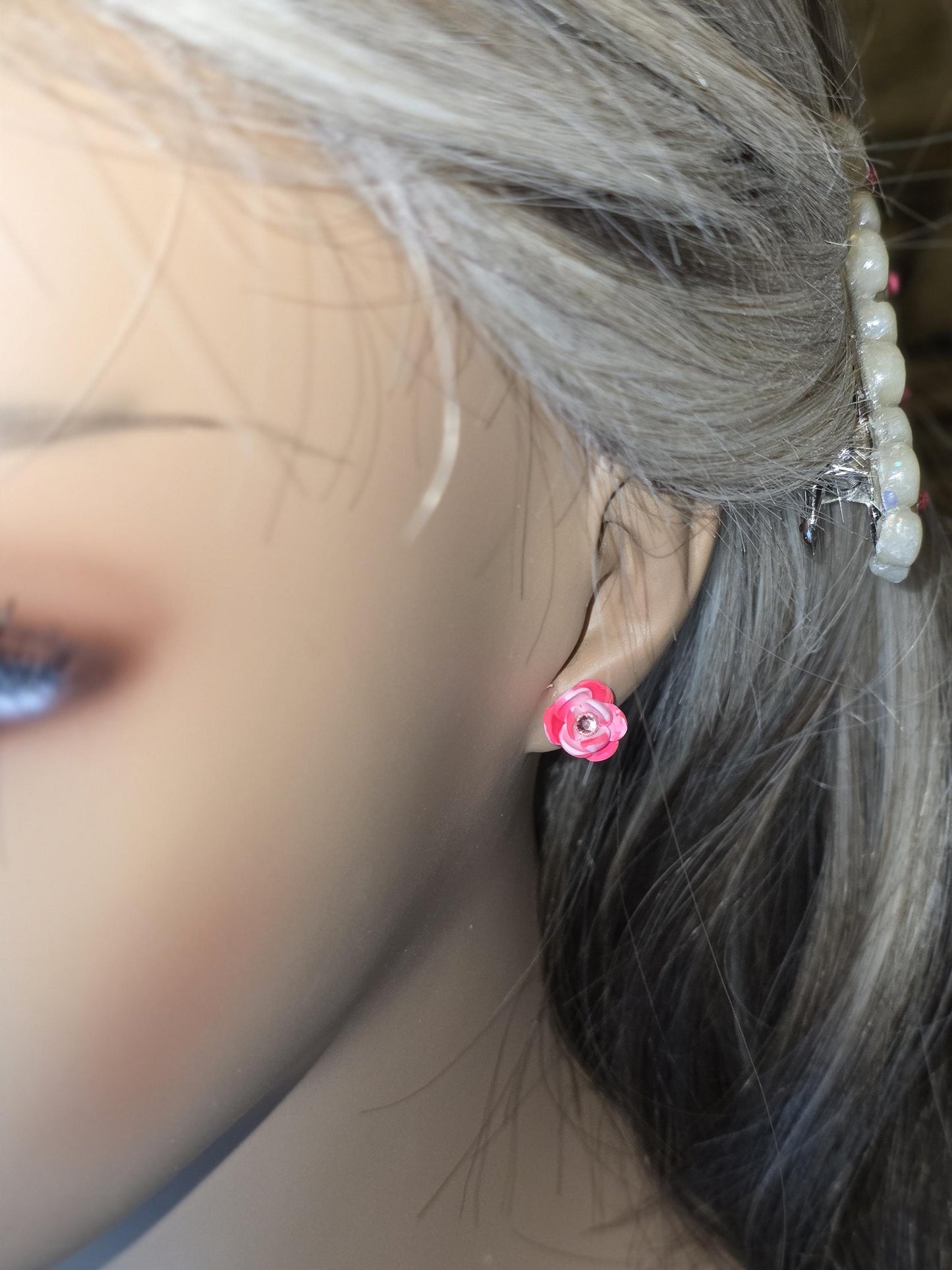 Pink Flower Clay Stud Earrings – Small Handmade 3-Petal Floral with Rhinestone Center • Polymer Clay Jewelry • Gift for Her
