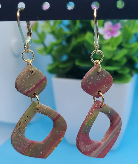 Retro Drop Clay Earrings – Multicolor Polymer Dangles with Gold Flakes • Geometric Handmade Jewelry • Lightweight Fall Accessory