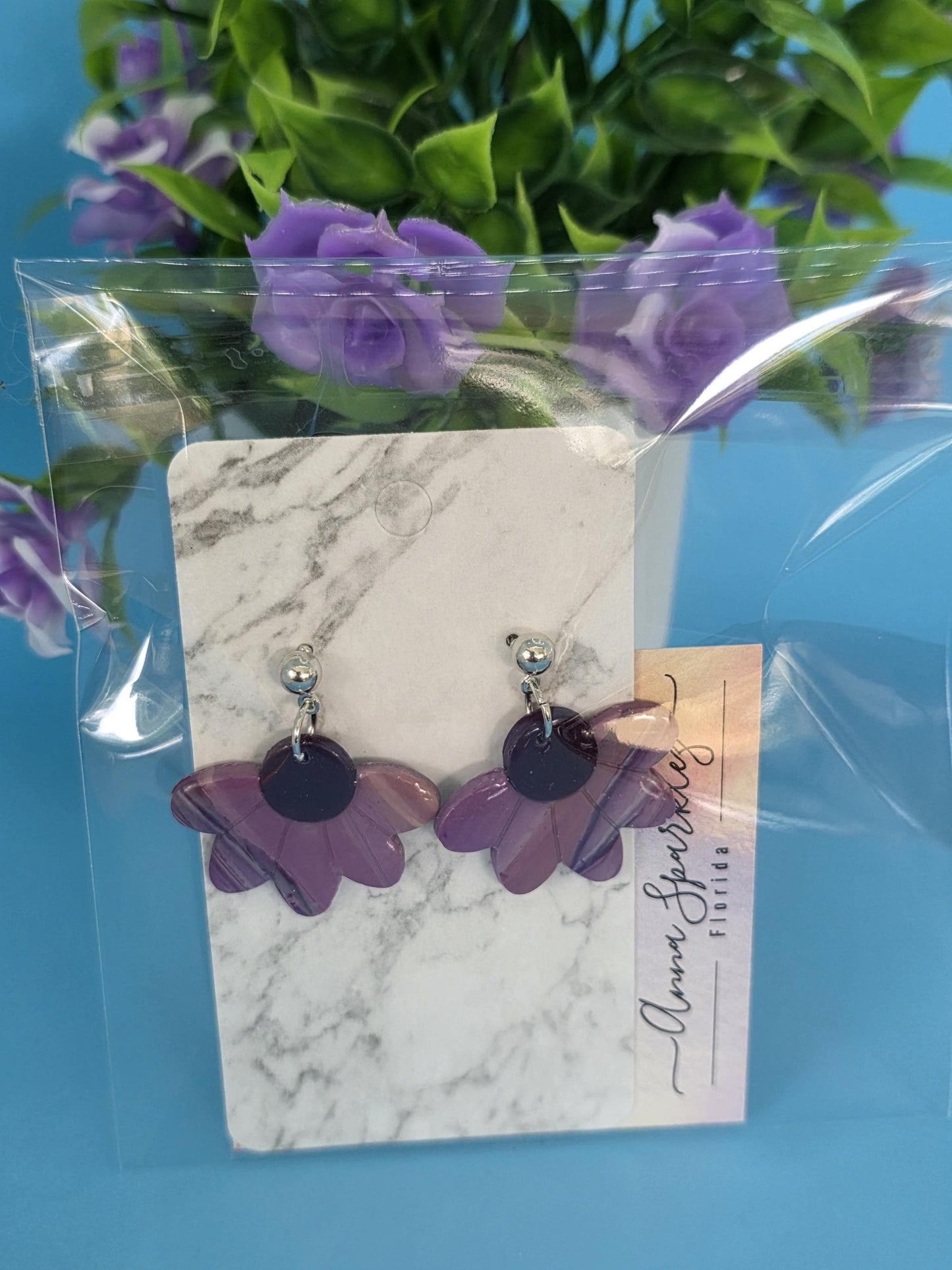 Purple Petal Drop Earrings | Handmade Polymer Clay Floral Dangles | Lightweight Statement Jewelry