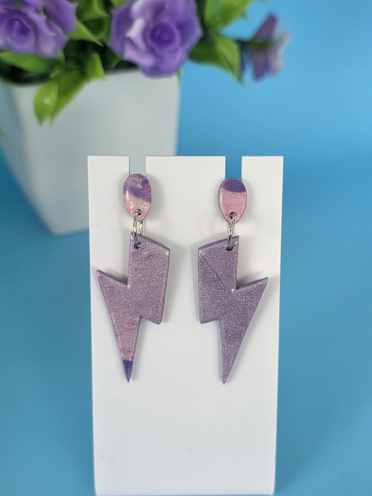 Purple Lightning Bolt Dangles – Soft Marble |Spark Collection |Resin-Coated