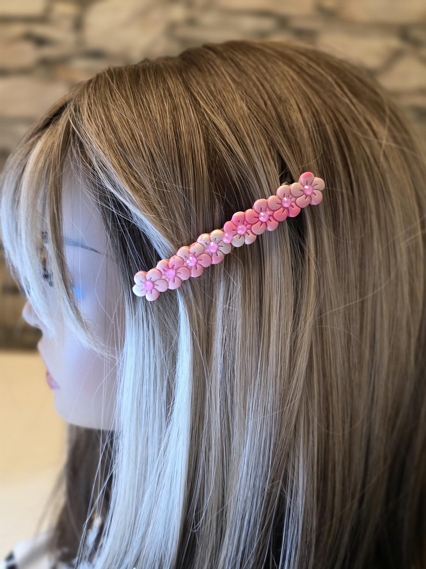 Pink Flower French Barrette – Molded Polymer Clay Clip with Rhinestones | Pink Hair Accessory | No Resin | Spring Style