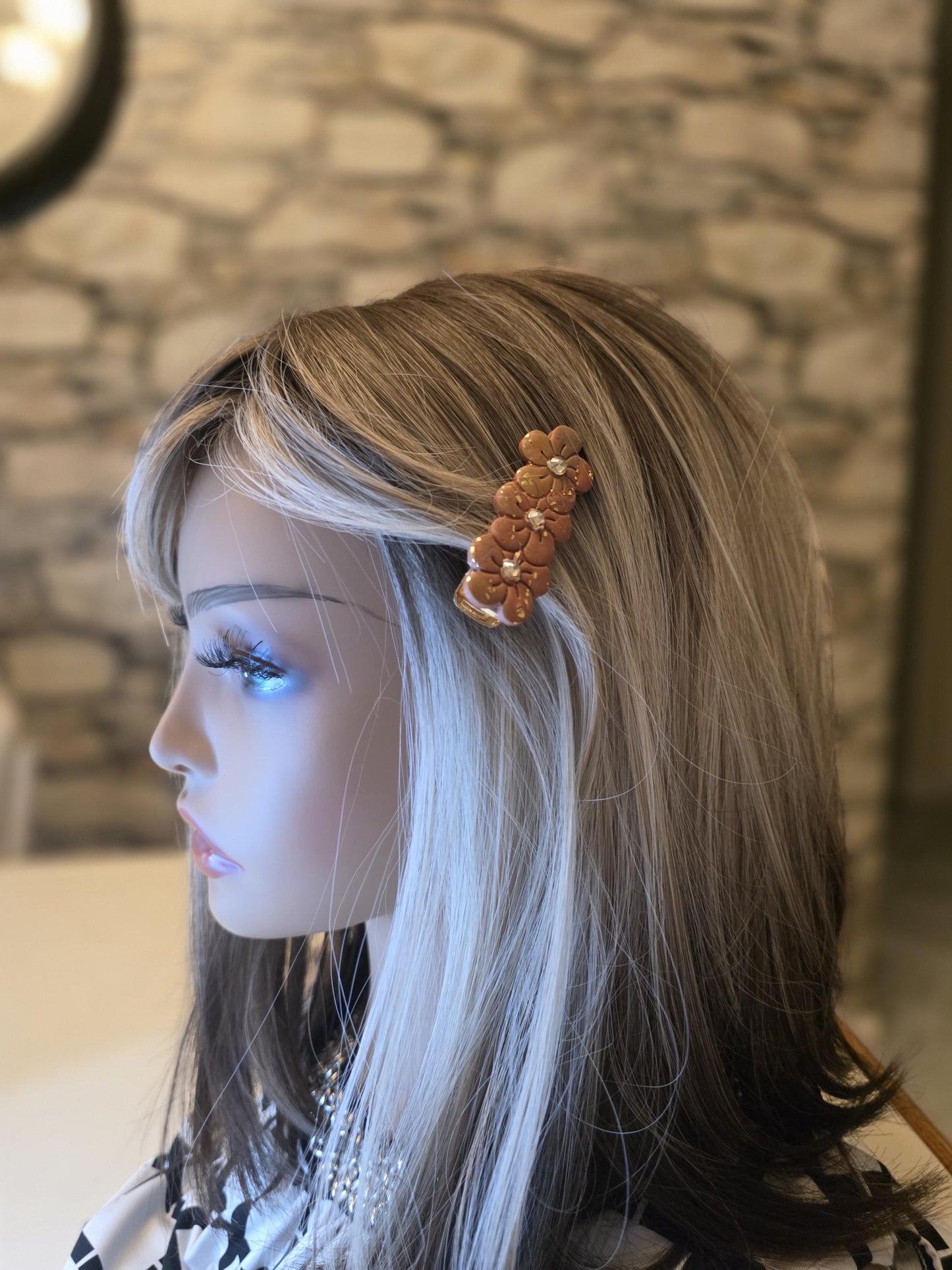 Fraternal Twinning Clip 2 – Brown Floral Hair Clip with Champagne Rhinestones
