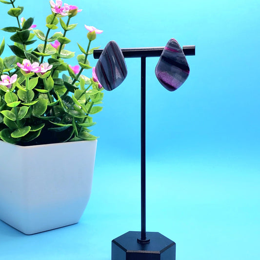 Glossy Resin-Coated Clay Studs – Slate Blue & Pink Marbled Polymer Earrings • Bold Handmade Statement Post Earrings