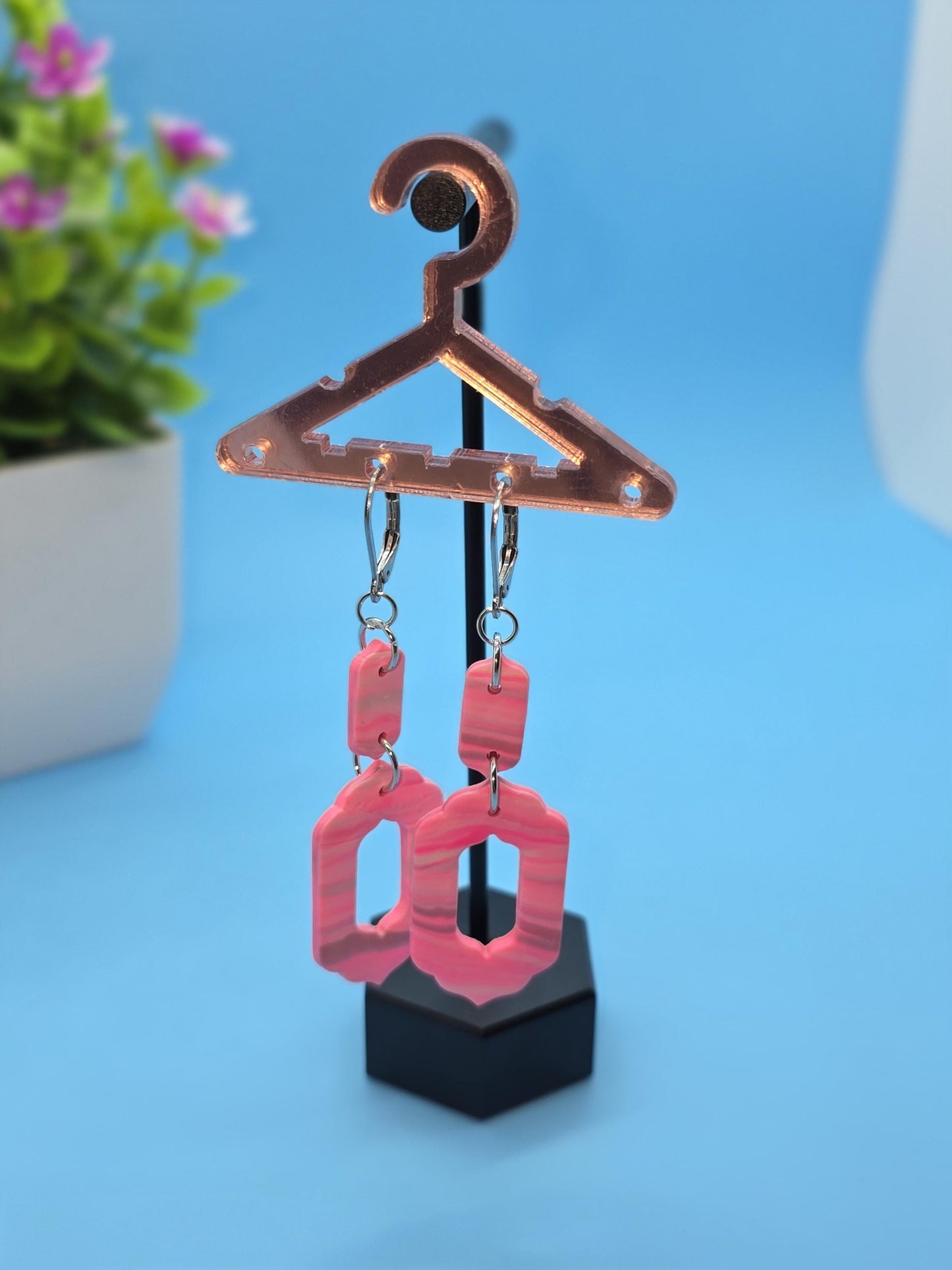 Blush Marble Geo Drops – Pink & Grey Polymer Clay Earrings • Lightweight Resin-Coated Dangles