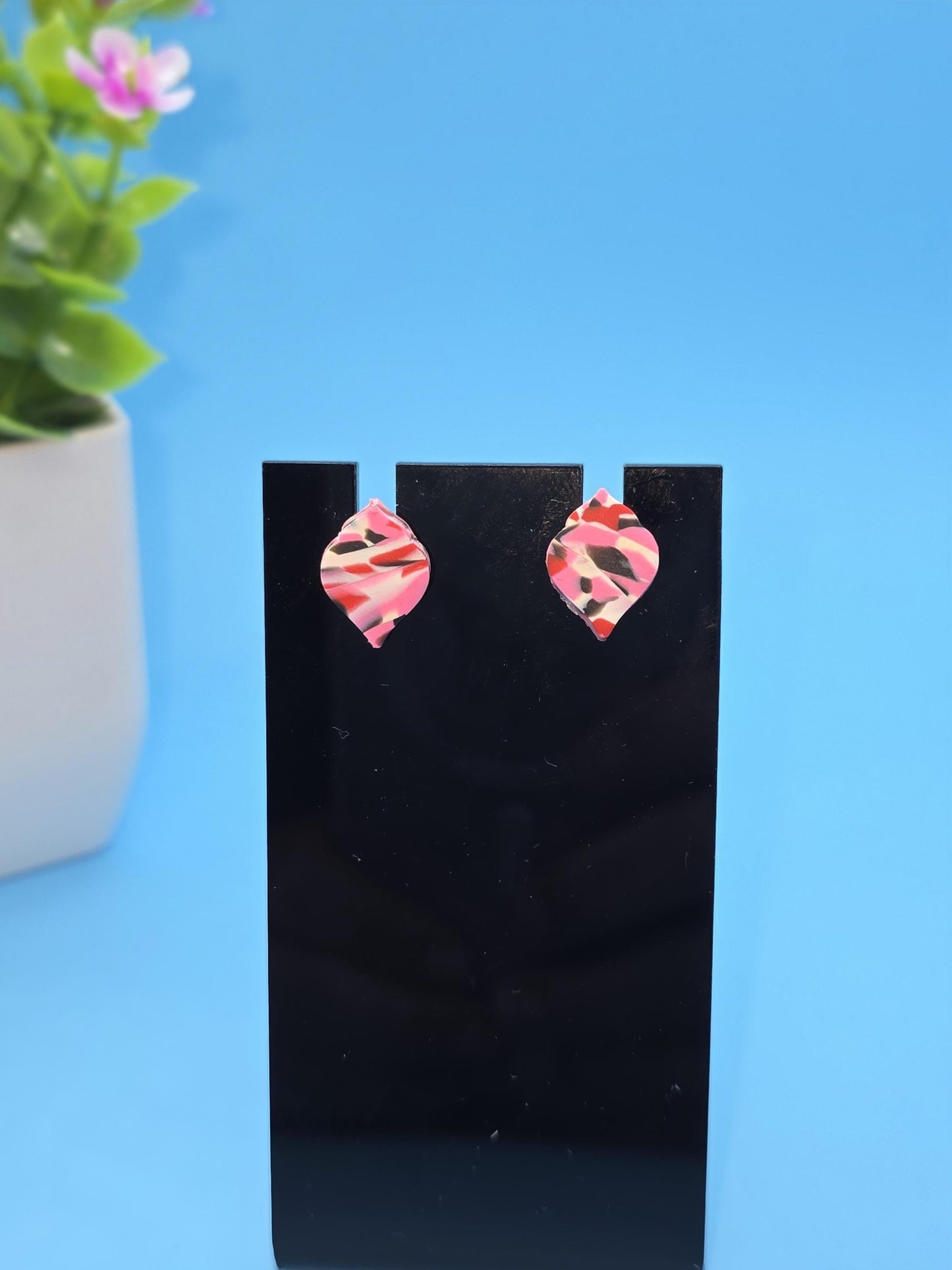 Tropical Swirl Stud Earrings – Marbled Pink, White & Black Mini Posts • Handmade Polymer Clay Studs • Bold and Playful Accessory