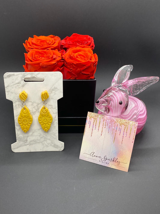 Golden Sunburst Clay Earrings – Bold Mustard Yellow Dangles on Posts