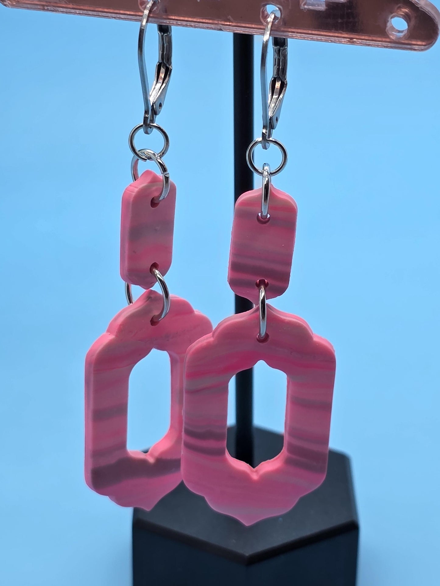 Blush Marble Geo Drops – Pink & Grey Polymer Clay Earrings • Lightweight Resin-Coated Dangles