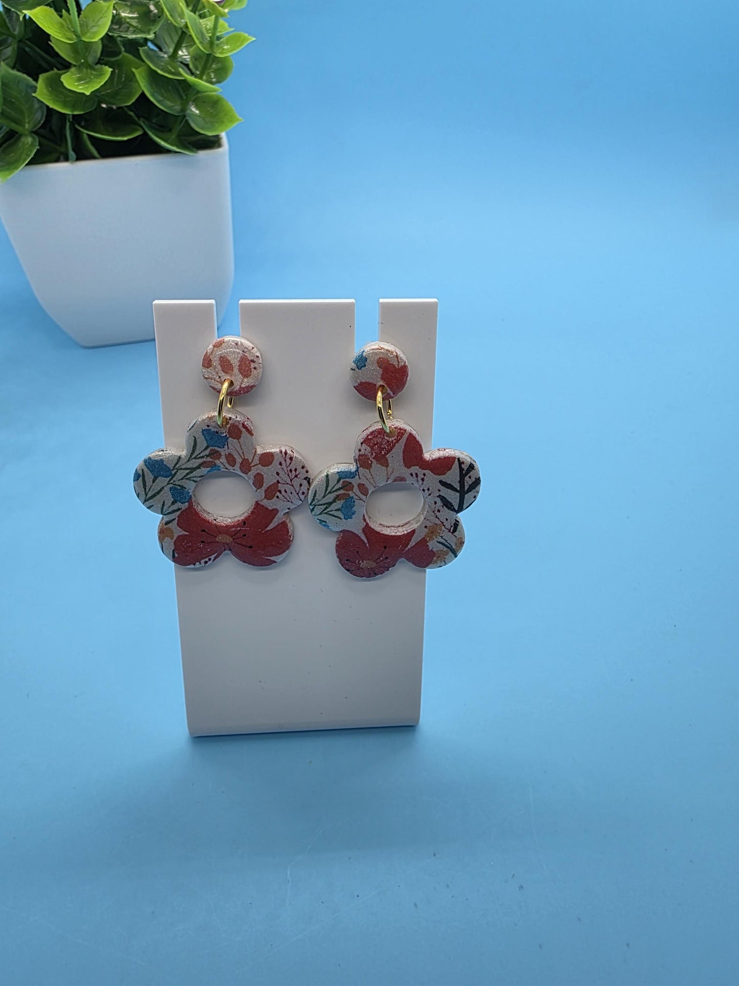 Floral Power Dangle Earrings – Water Transfer Clay Flowers with Resin Finish • Lightweight Handmade Earrings