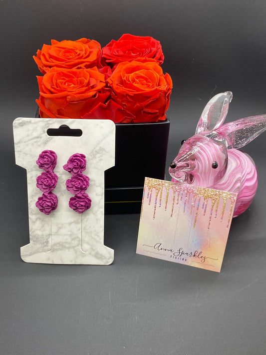 Triple Rose Drop Earrings – Handcrafted Fuchsia Clay Floral Studs
