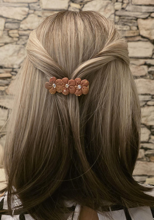 Fraternal Twinning Clip 2 – Brown Floral Hair Clip with Champagne Rhinestones