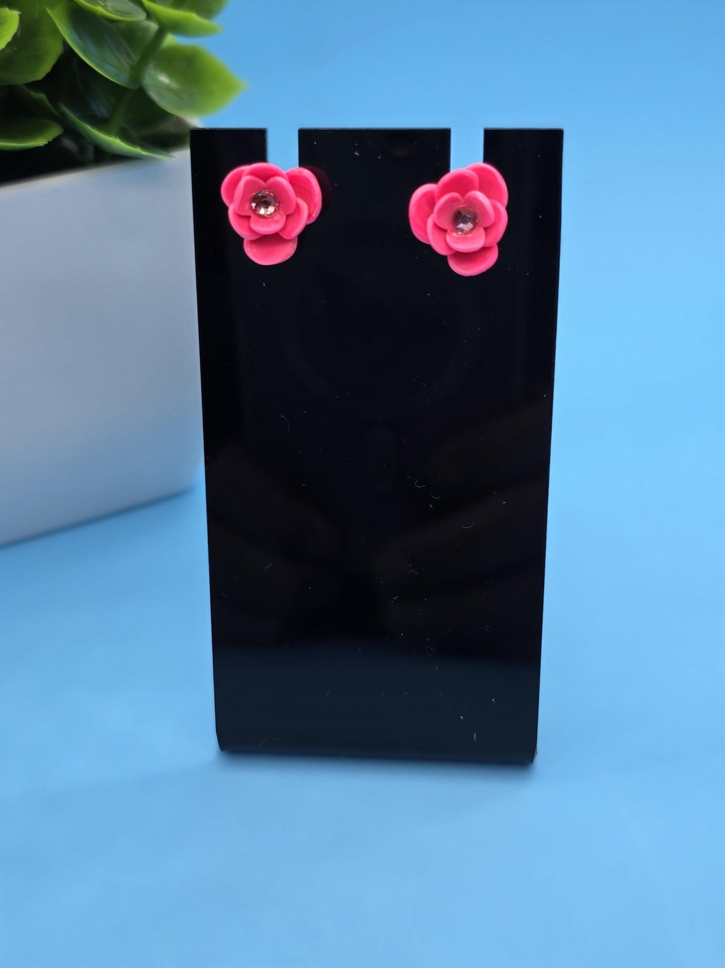 Pink Flower Clay Stud Earrings – Small Handmade 3-Petal Floral with Rhinestone Center • Polymer Clay Jewelry •  Post and back are silicone.