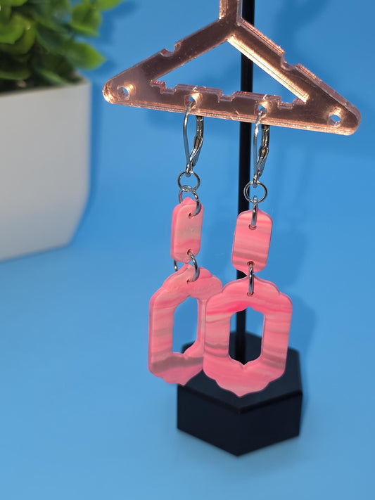 Blush Marble Geo Drops – Pink & Grey Polymer Clay Earrings • Lightweight Resin-Coated Dangles