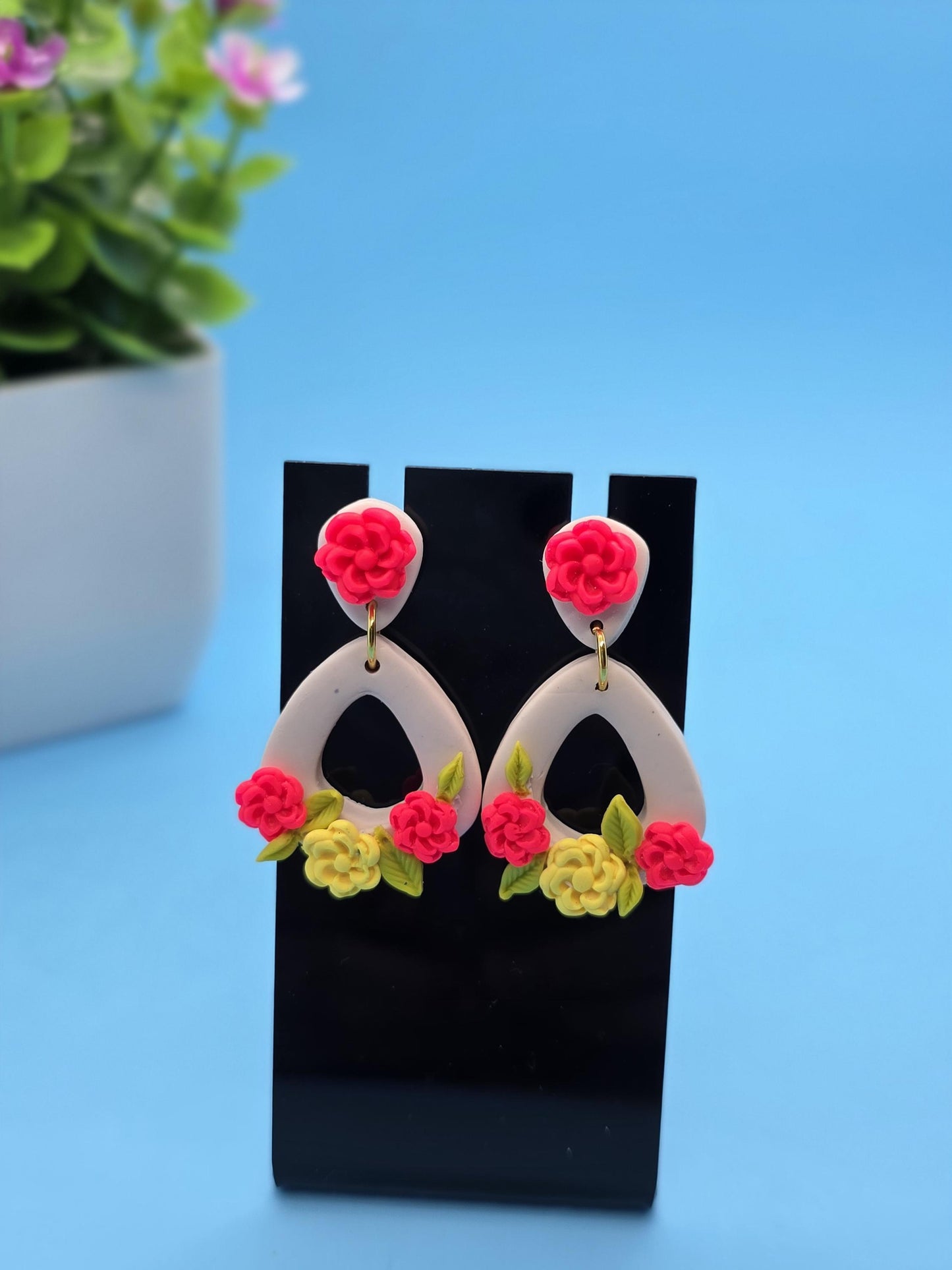 Bold Floral Arch Polymer Clay Earrings – Pink & Yellow Handmade Dangle Statement Jewelry