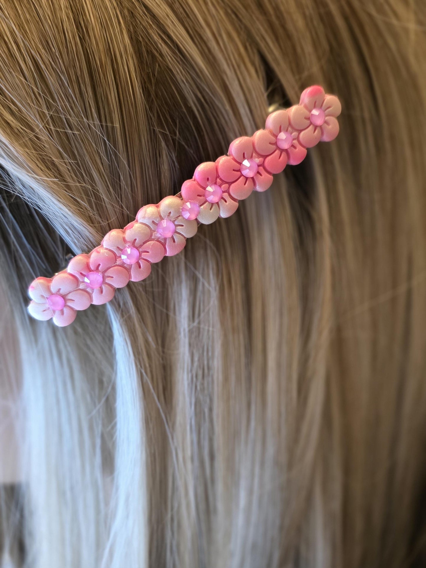 Pink Flower French Barrette – Molded Polymer Clay Clip with Rhinestones | Pink Hair Accessory | No Resin | Spring Style