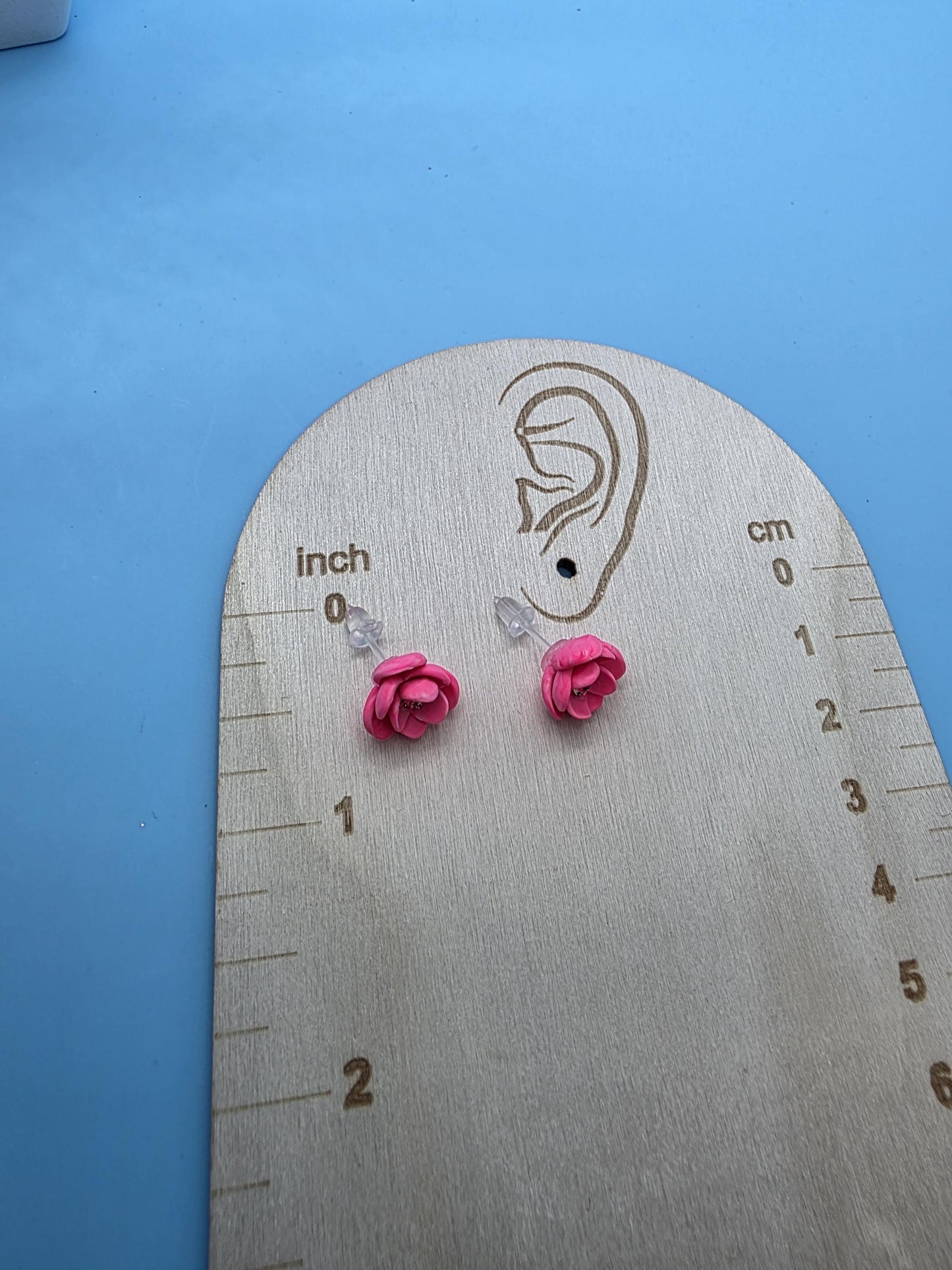 Pink Flower Clay Stud Earrings – Small Handmade 3-Petal Floral with Rhinestone Center • Polymer Clay Jewelry •  Post and back are silicone.