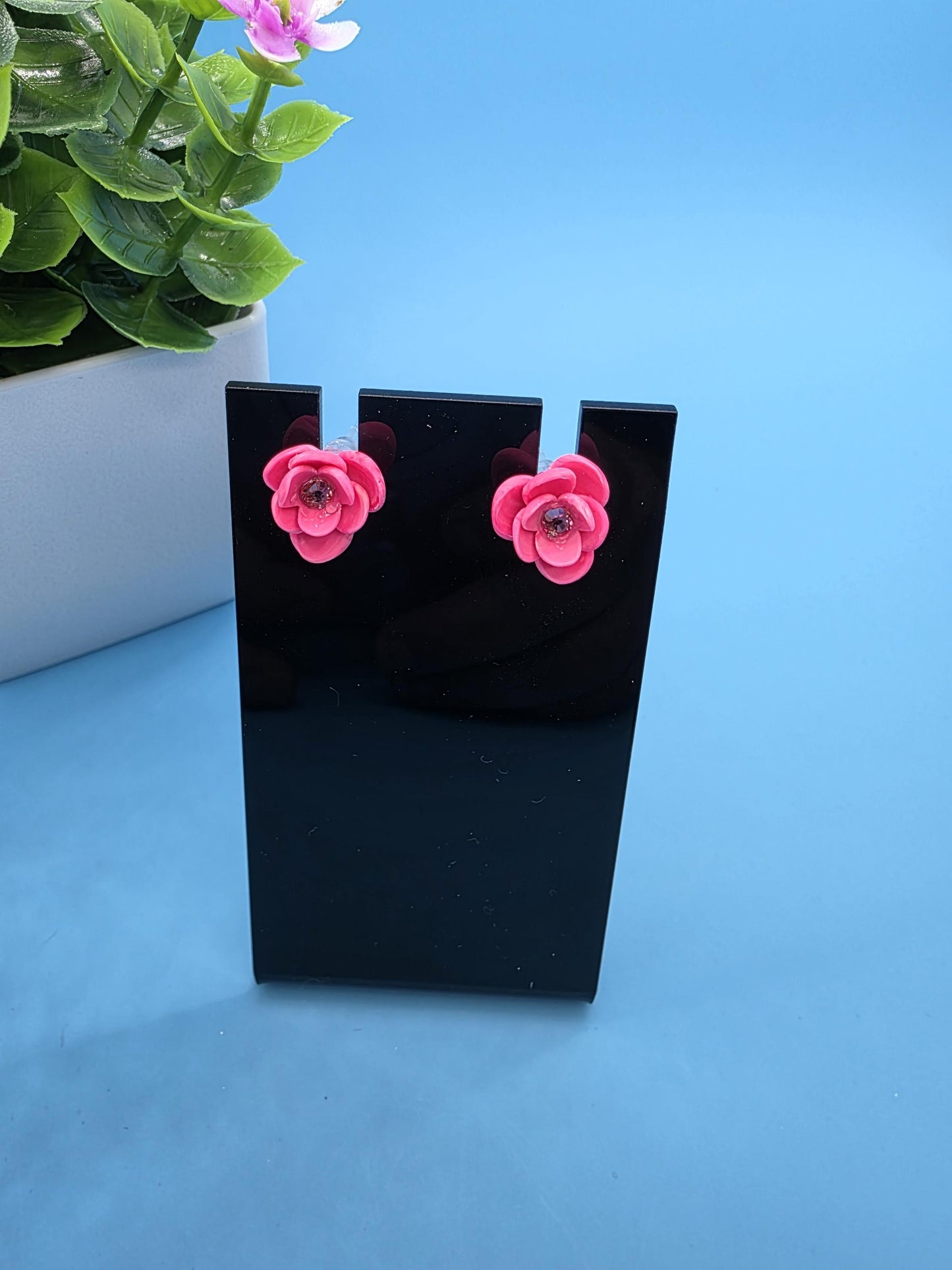 Pink Flower Clay Stud Earrings – Small Handmade 3-Petal Floral with Rhinestone Center • Polymer Clay Jewelry •  Post and back are silicone.