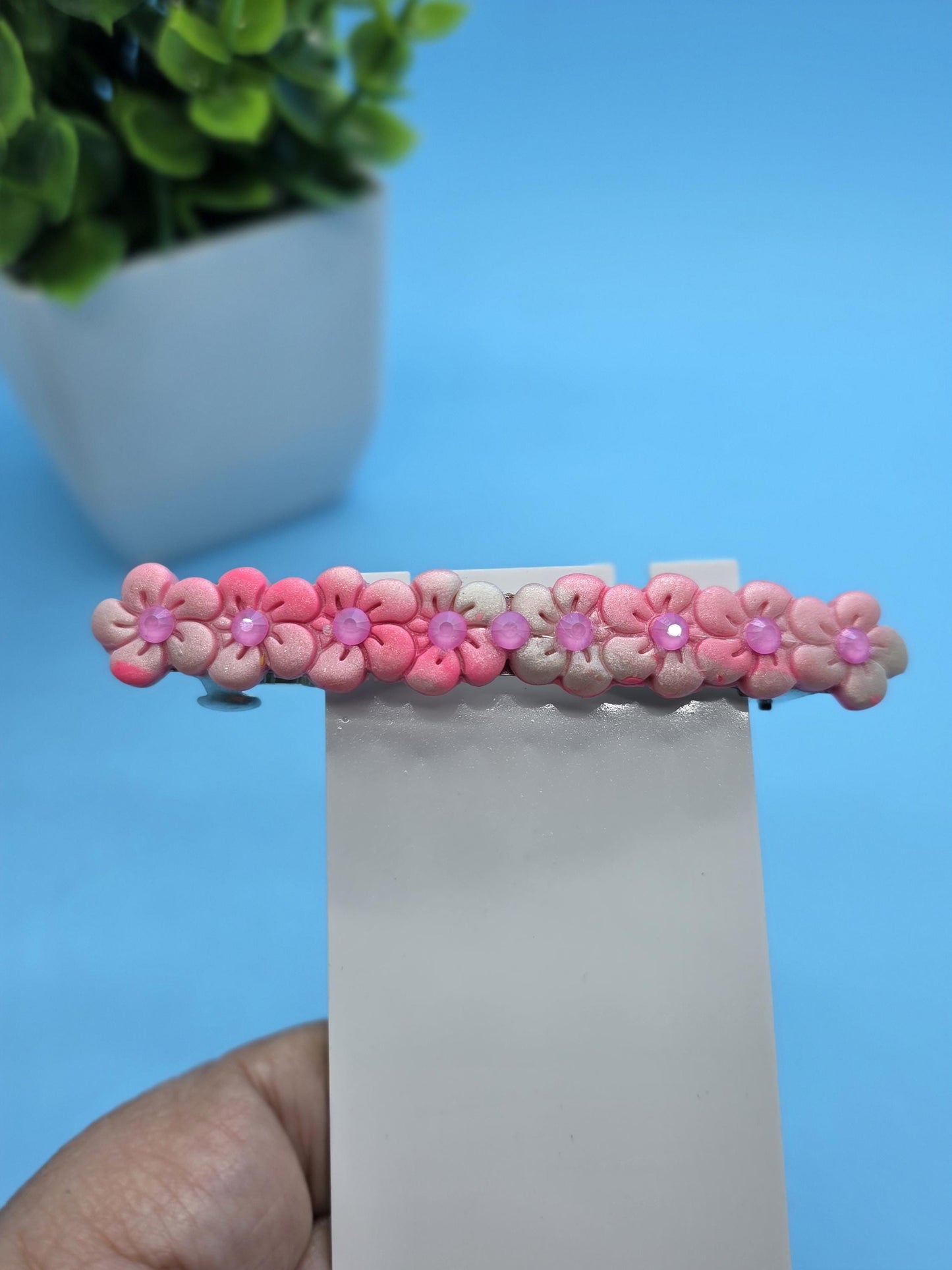 Pink Flower French Barrette – Molded Polymer Clay Clip with Rhinestones | Pink Hair Accessory | No Resin | Spring Style