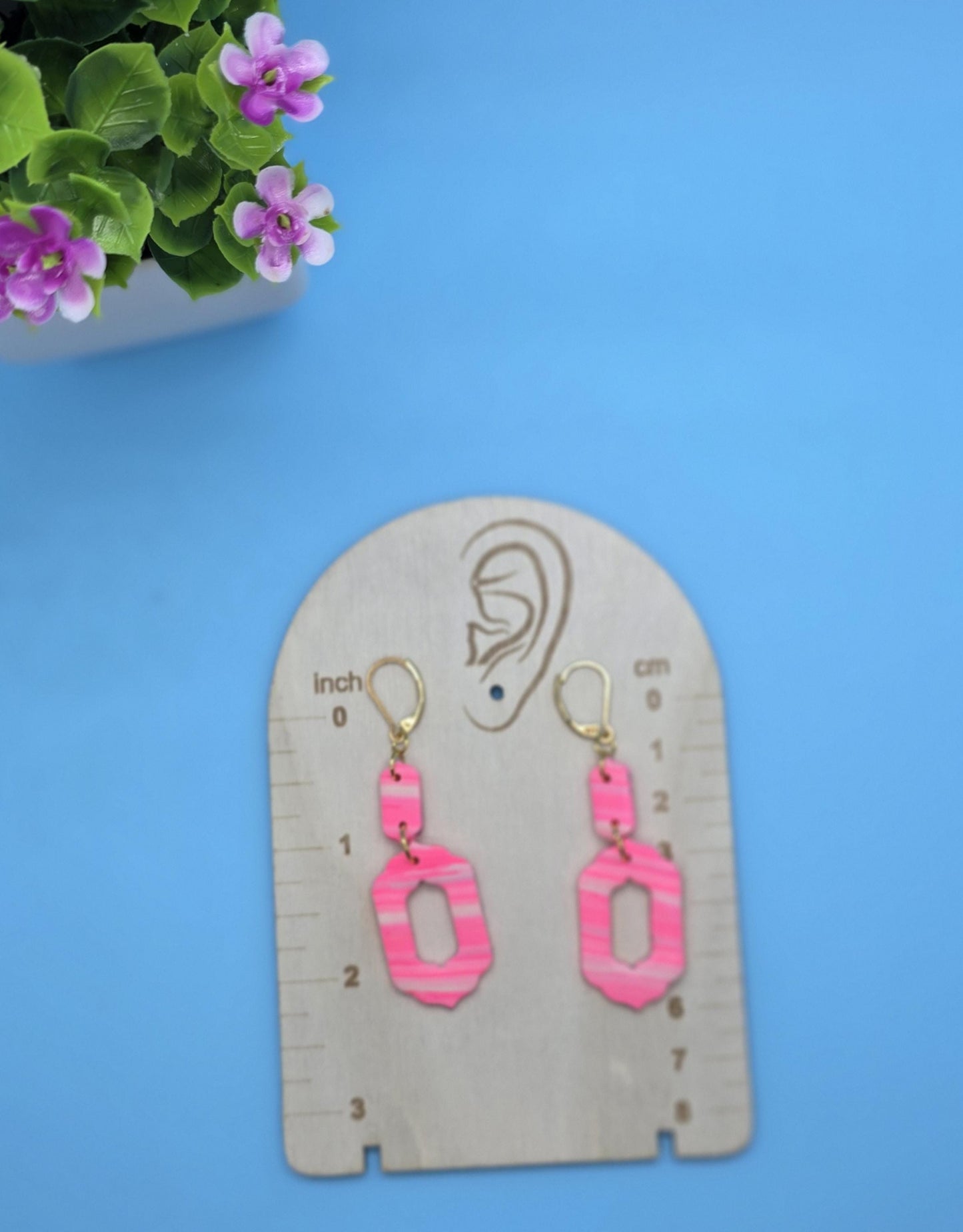 Pink & White Double Drop Earrings – Lightweight Polymer Clay Dangles on Gold Lever-Back